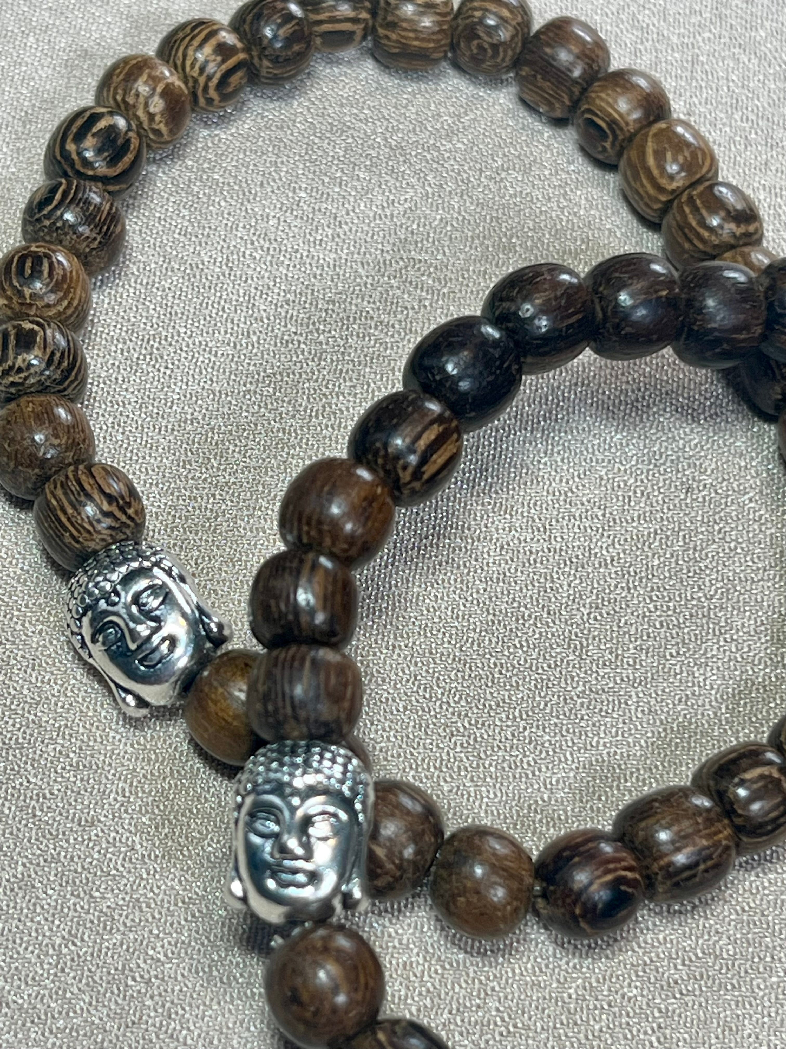 Philippines Robles Wood round 6mm bead stretch bracelet w/ silver Buddha focal
