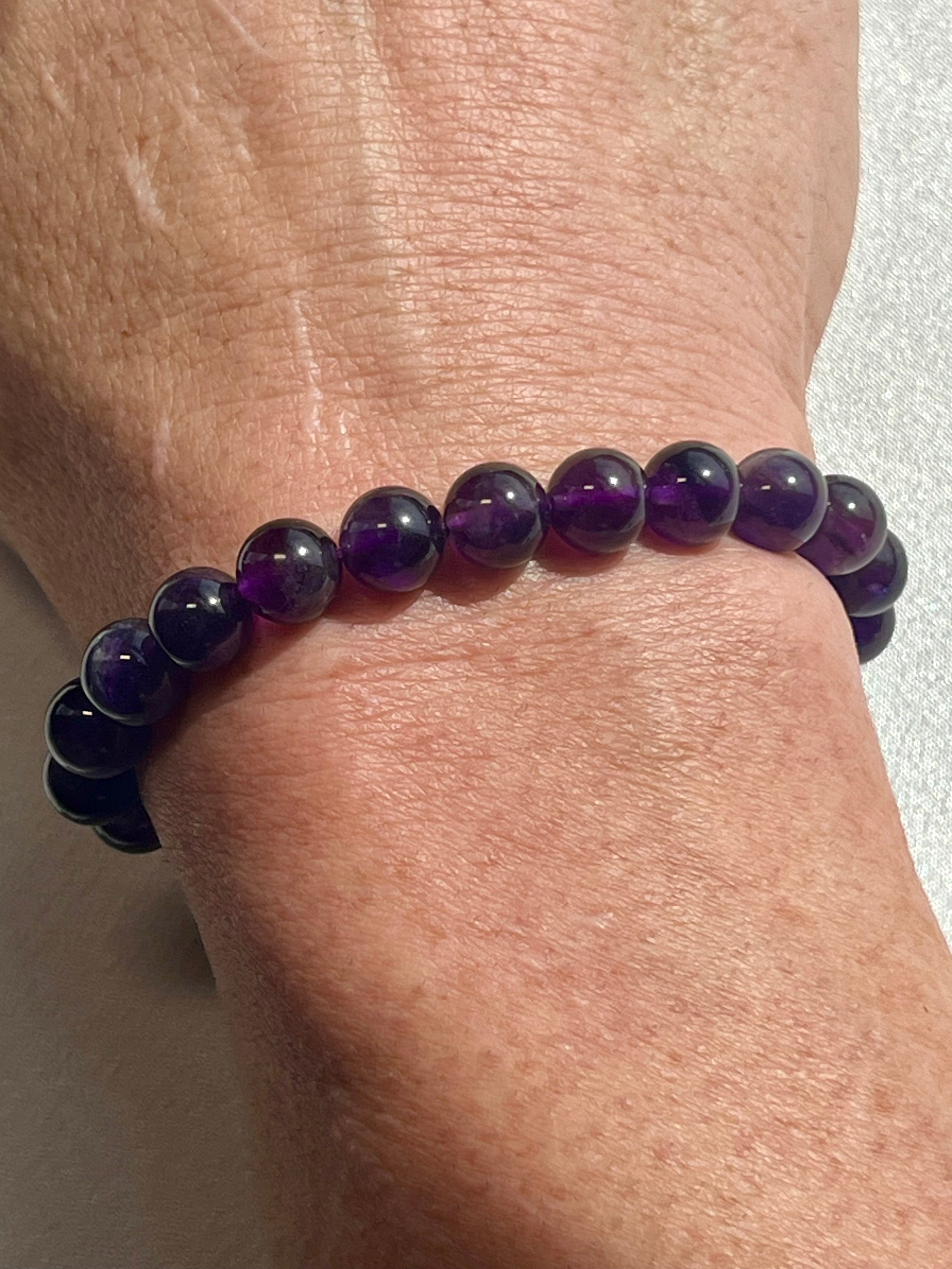 Amethyst (dark) smooth round 6mm, 8mm bead stretch bracelet; February birthstone