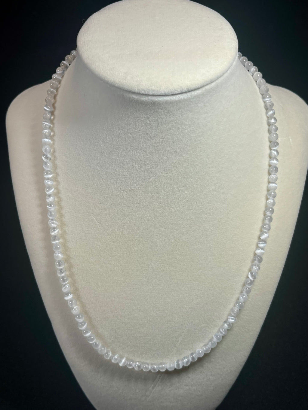 Selenite smooth round 4mm bead silver clasp necklace (premium grade)