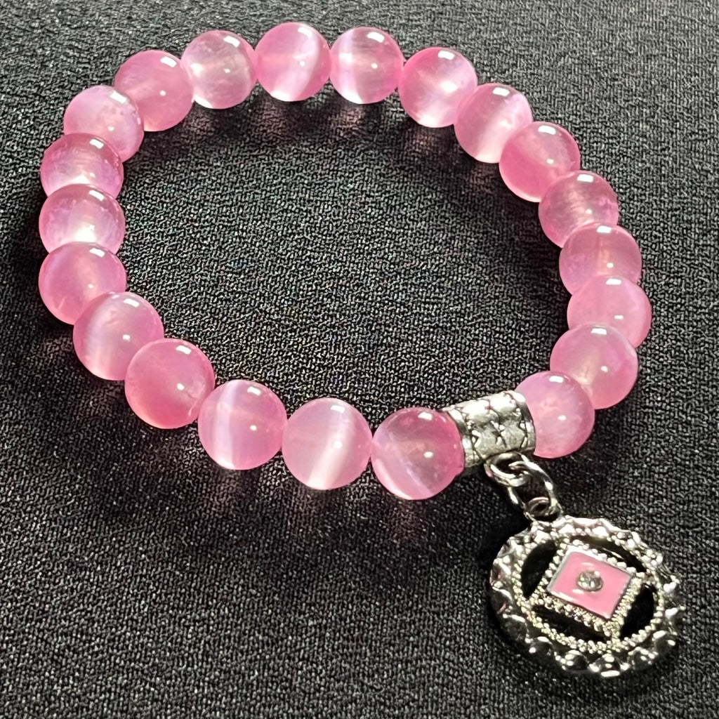 Pink Selenite smooth round 8mm bead w/ pink-in-silver Narcotics Anonymous symbol charm recovery bracelet