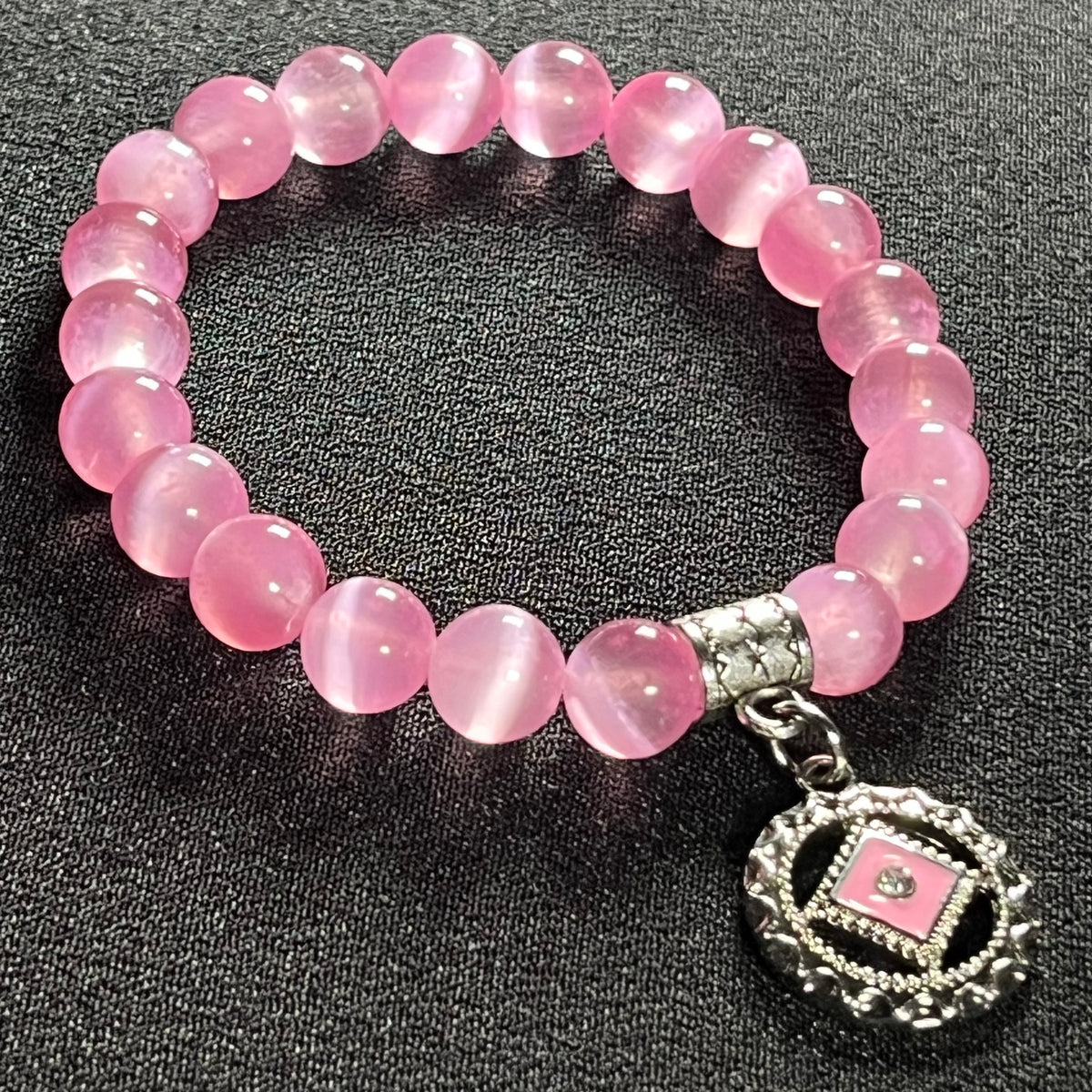 Pink Selenite smooth round 8mm bead w/ pink-in-silver Narcotics Anonymous symbol charm recovery bracelet