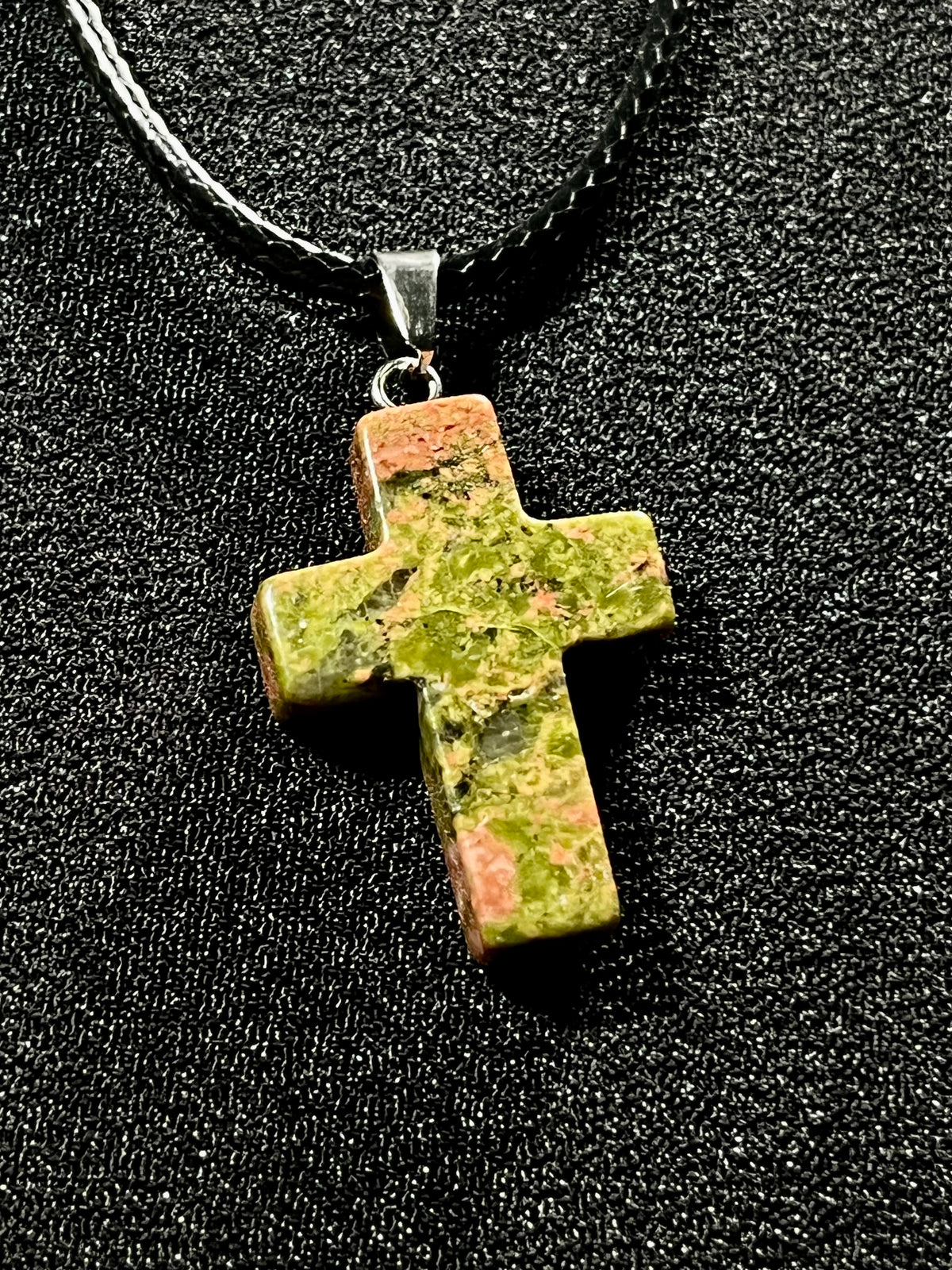 Christian gemstone cross adjustable necklaces w/ 19 1/2” black waxed necklace cord - Howlite, Carnelian Agate, Tiger’s Eye, Rose Quartz, Opalite, Unakite, and Clear Crystal Quartz
