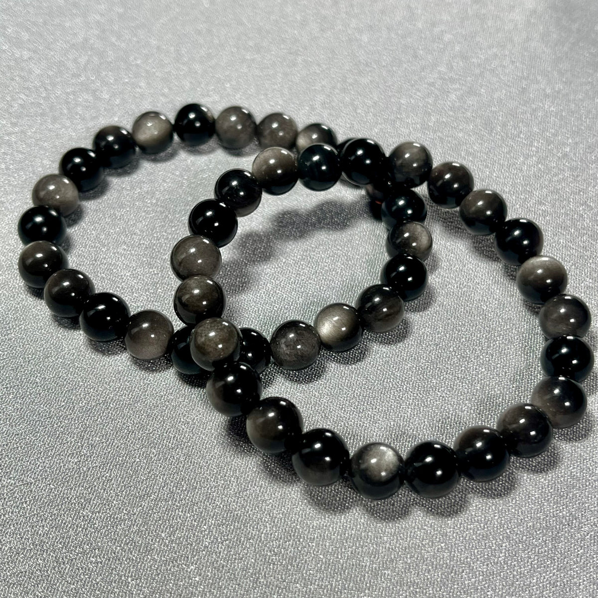 Silver Sheen Obsidian smooth round 8mm bead stretch bracelet