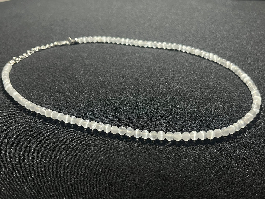 Selenite smooth round 4mm bead silver clasp necklace (premium grade)