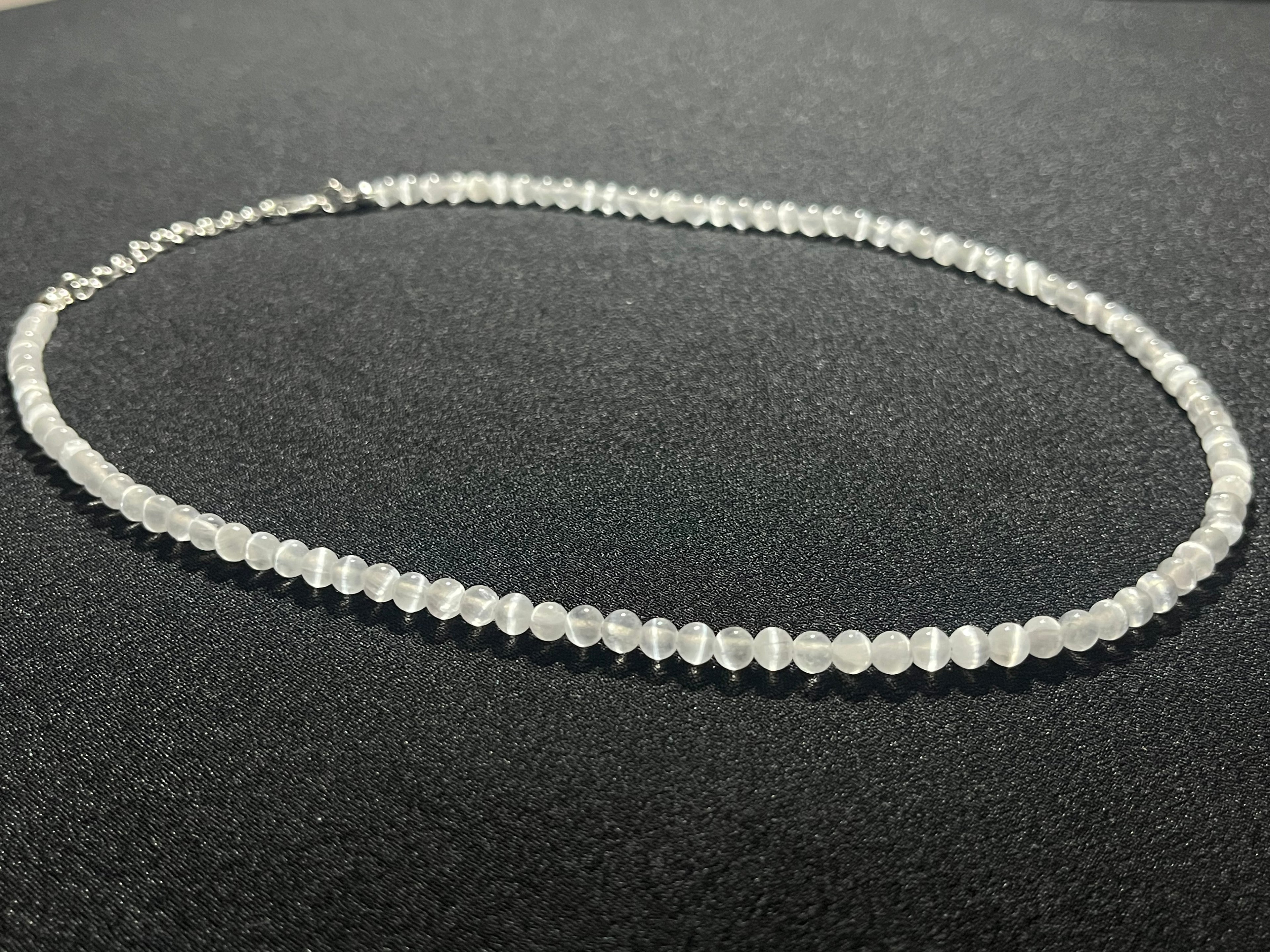 Selenite smooth round 4mm bead silver clasp necklace (premium grade)