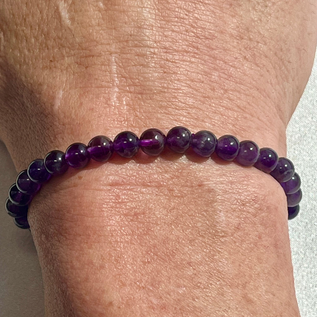 Amethyst (dark) smooth round 6mm, 8mm bead stretch bracelet; February birthstone
