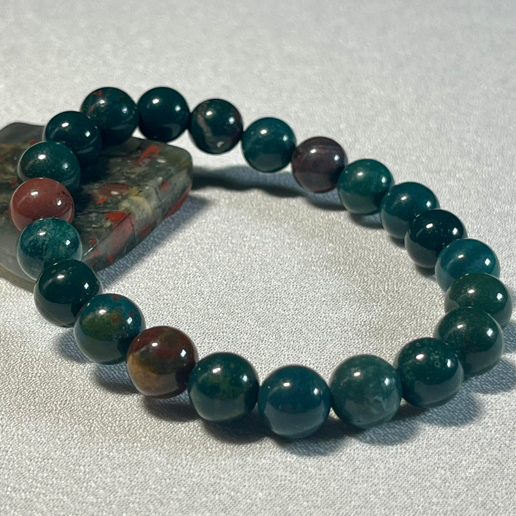 Bloodstone (Heliotrope) smooth round 6mm and 8mm bead stretch bracelet; alternative March birthstone