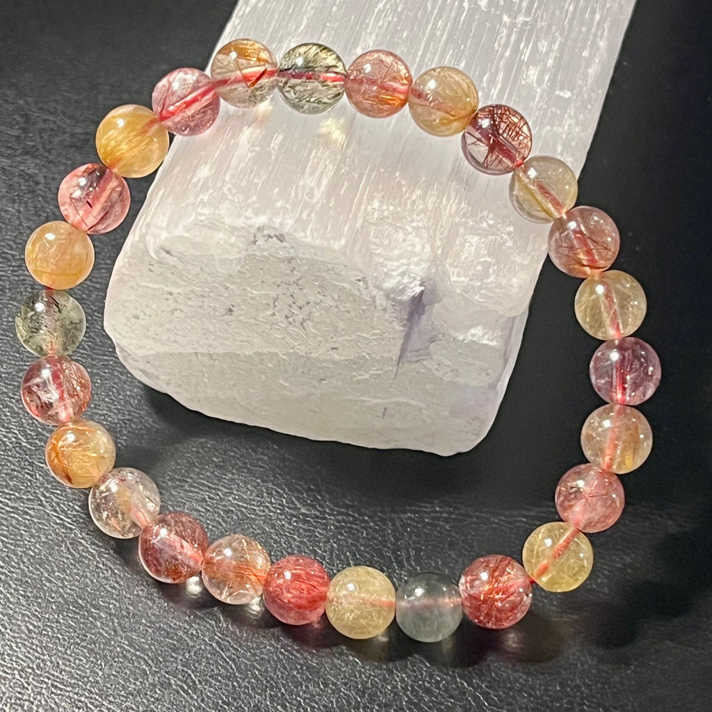Strawberry, Golden, & Green Rutilated Quartz smooth round 7mm bead stretch bracelet