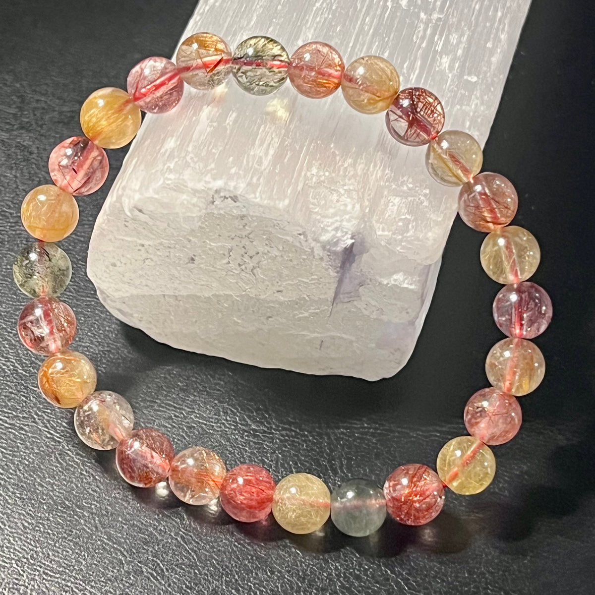 Strawberry, Golden, & Green Rutilated Quartz smooth round 7mm bead stretch bracelet
