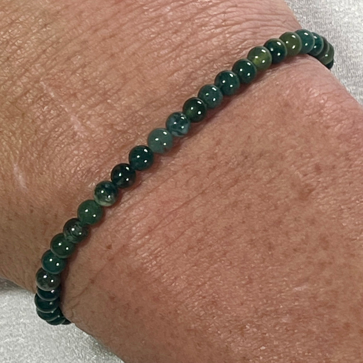 Moss Agate smooth round 4mm, 6.5mm and 8.5mm bead stretch bracelet
