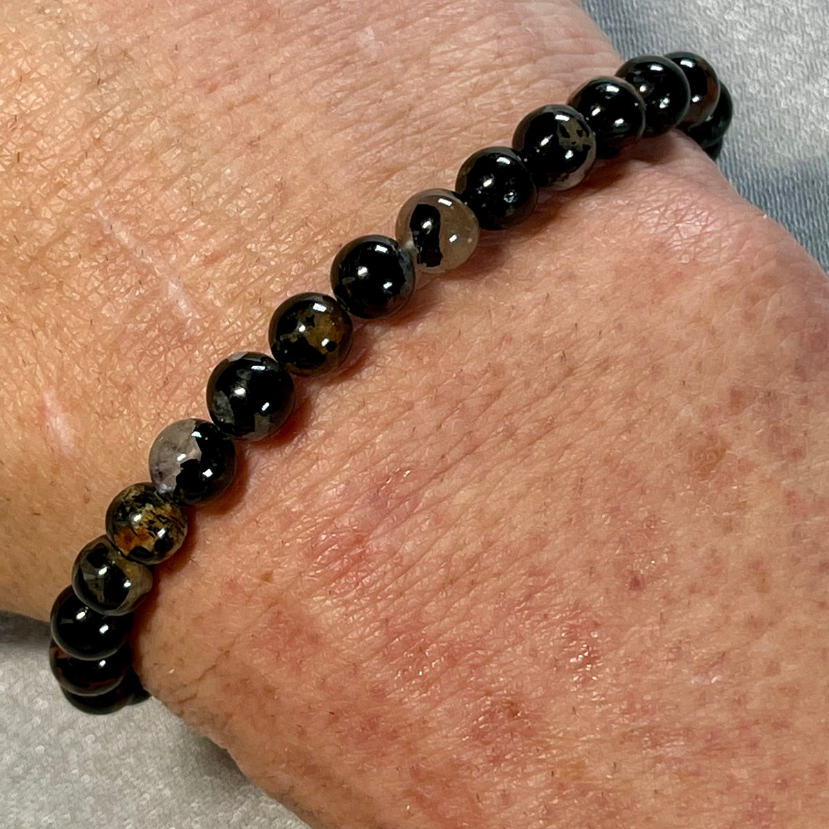Sunset Black Tourmaline smooth round 6mm bead stretch bracelet; Tourmaline October birthstone