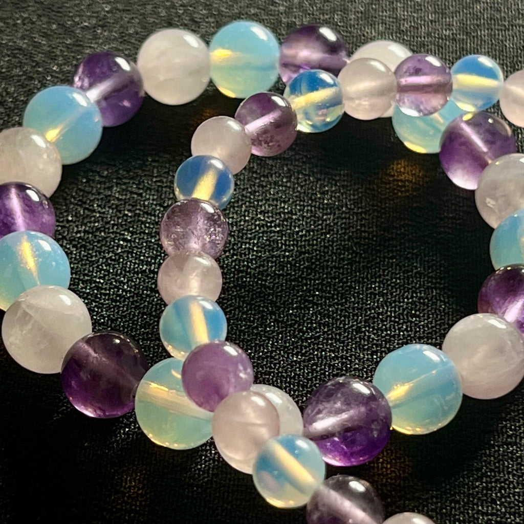 Rose Quartz, Amethyst, Opalite smooth round 6mm and 8mm bead stretch bracelet