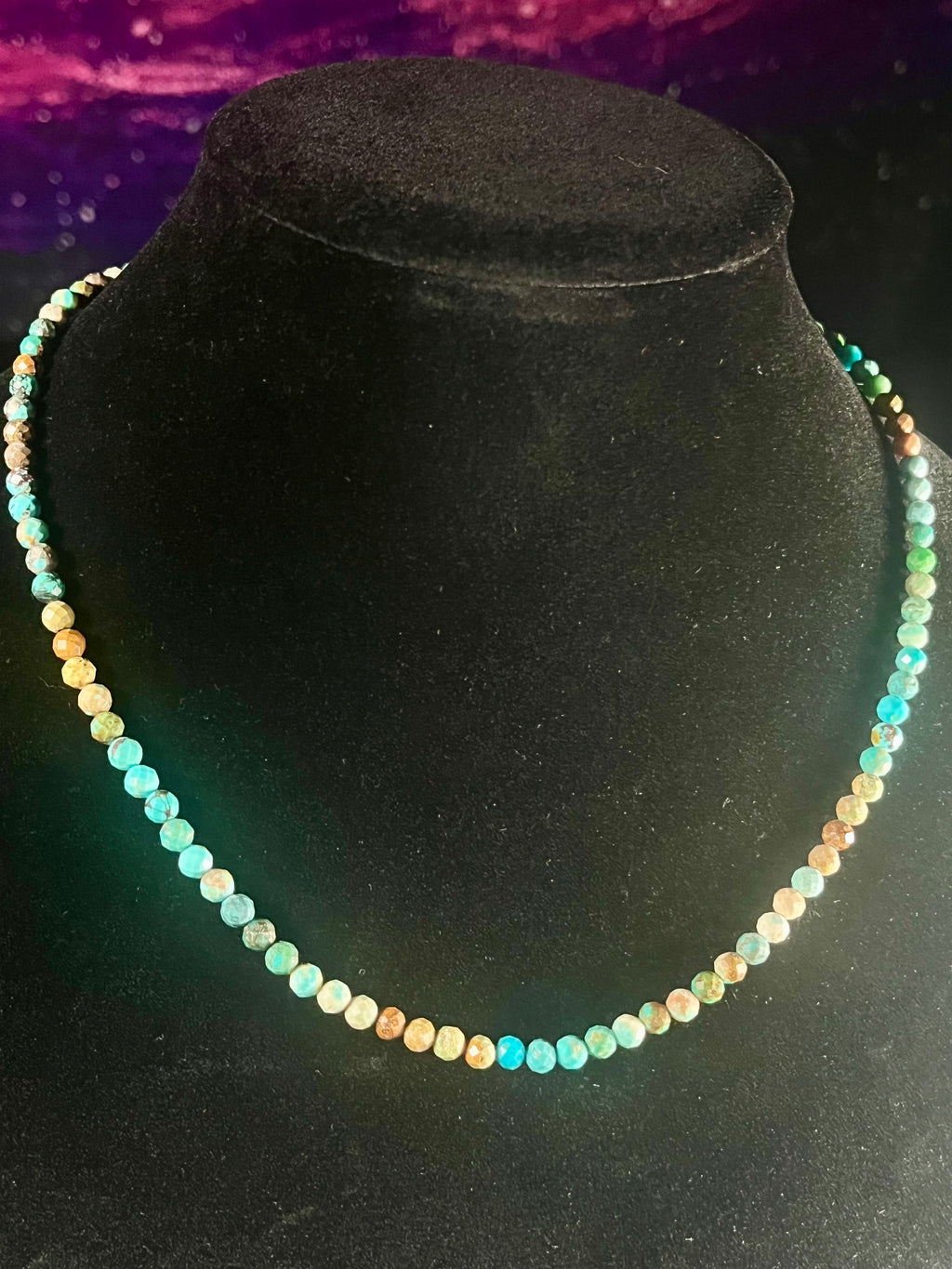 Turquoise gradient color style faceted round 5mm bead silver clasp 20” necklace; December birthstone