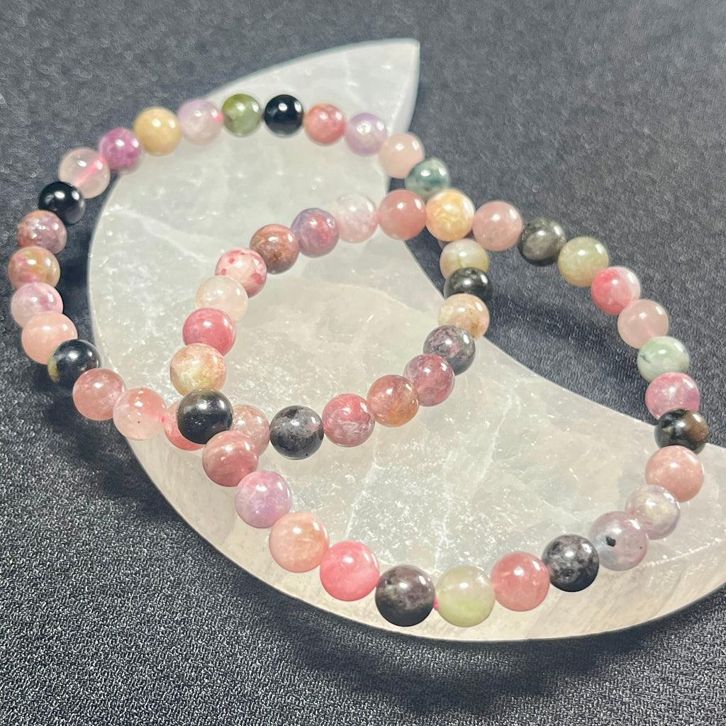Tourmaline smooth round 6mm bead stretch bracelet; October birthstone