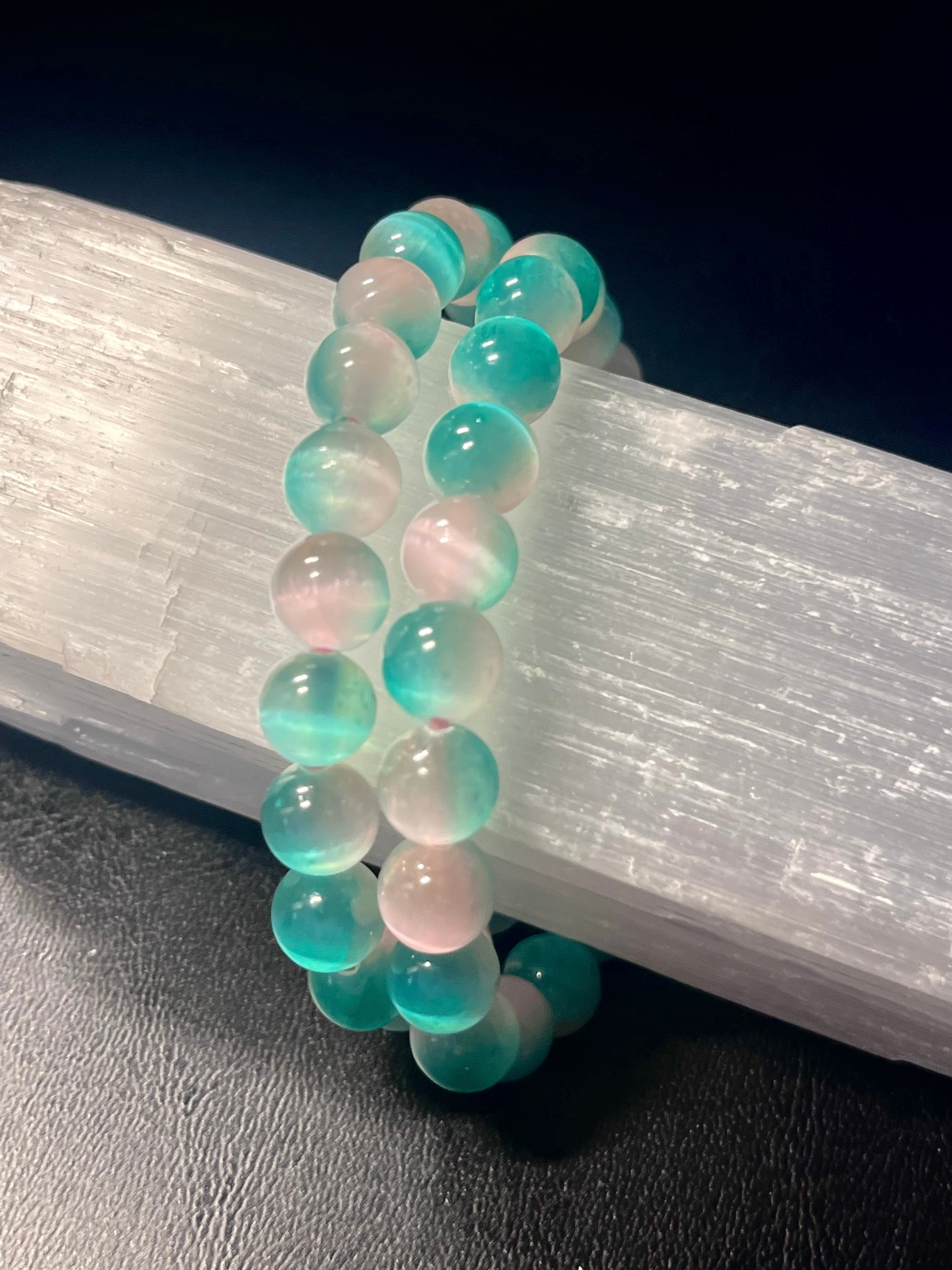 Sea Green & Light Pink Selenite smooth round 8mm bead stretch bracelet (dyed)