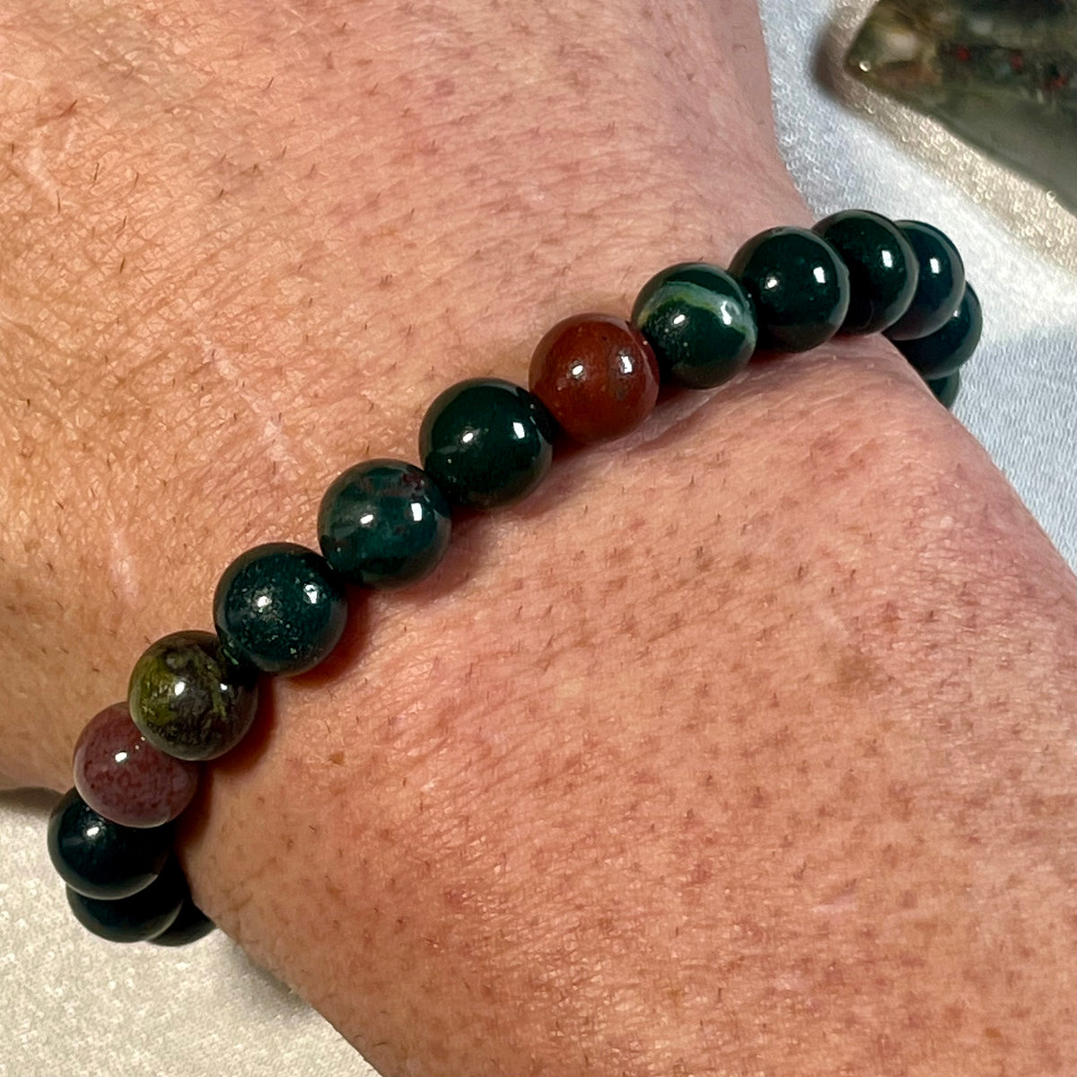 Bloodstone (Heliotrope) smooth round 6mm and 8mm bead stretch bracelet; alternative March birthstone