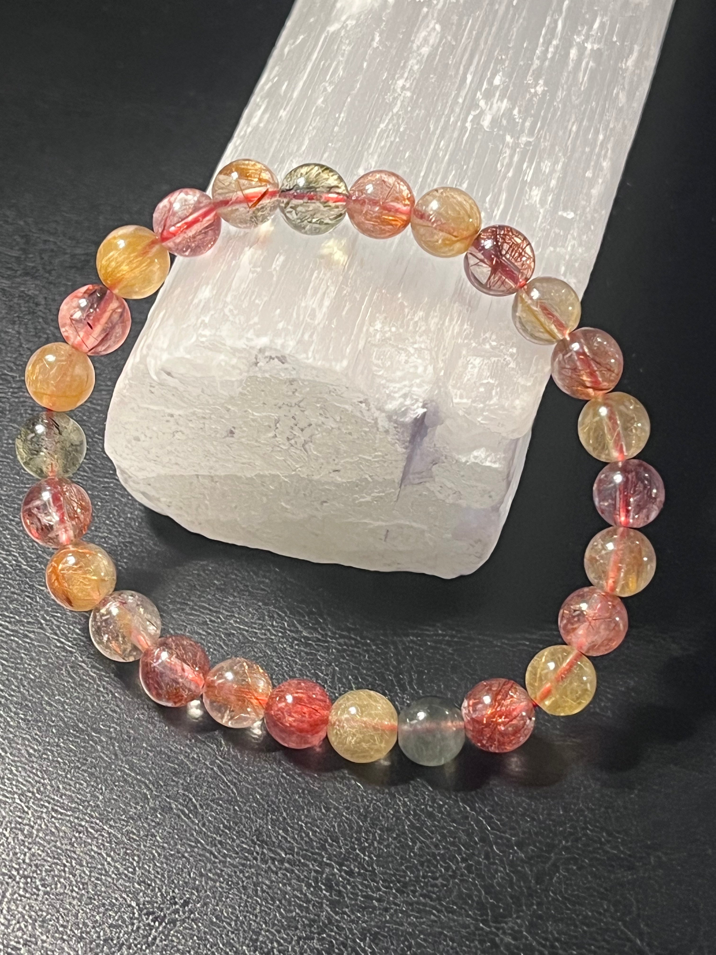 Strawberry, Golden, & Green Rutilated Quartz smooth round 7mm bead stretch bracelet