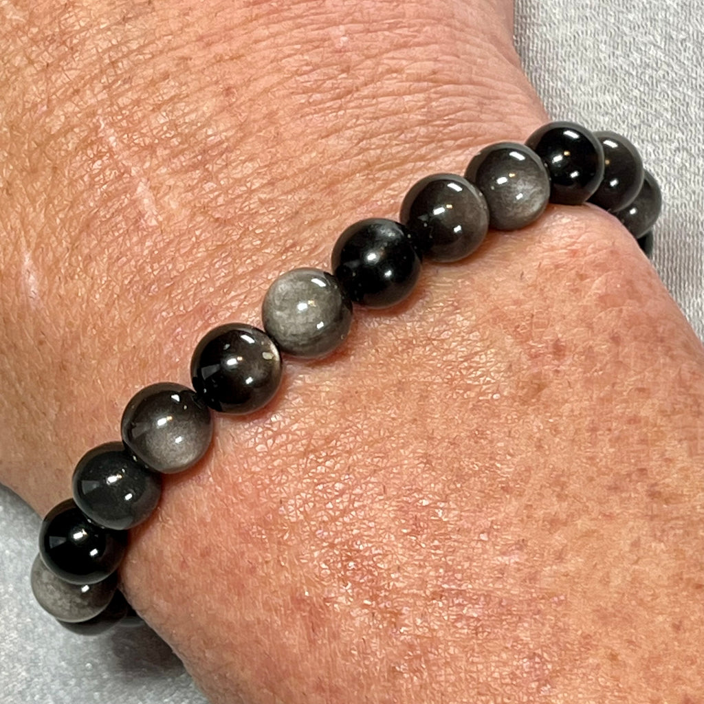 Silver Sheen Obsidian smooth round 8mm bead stretch bracelet