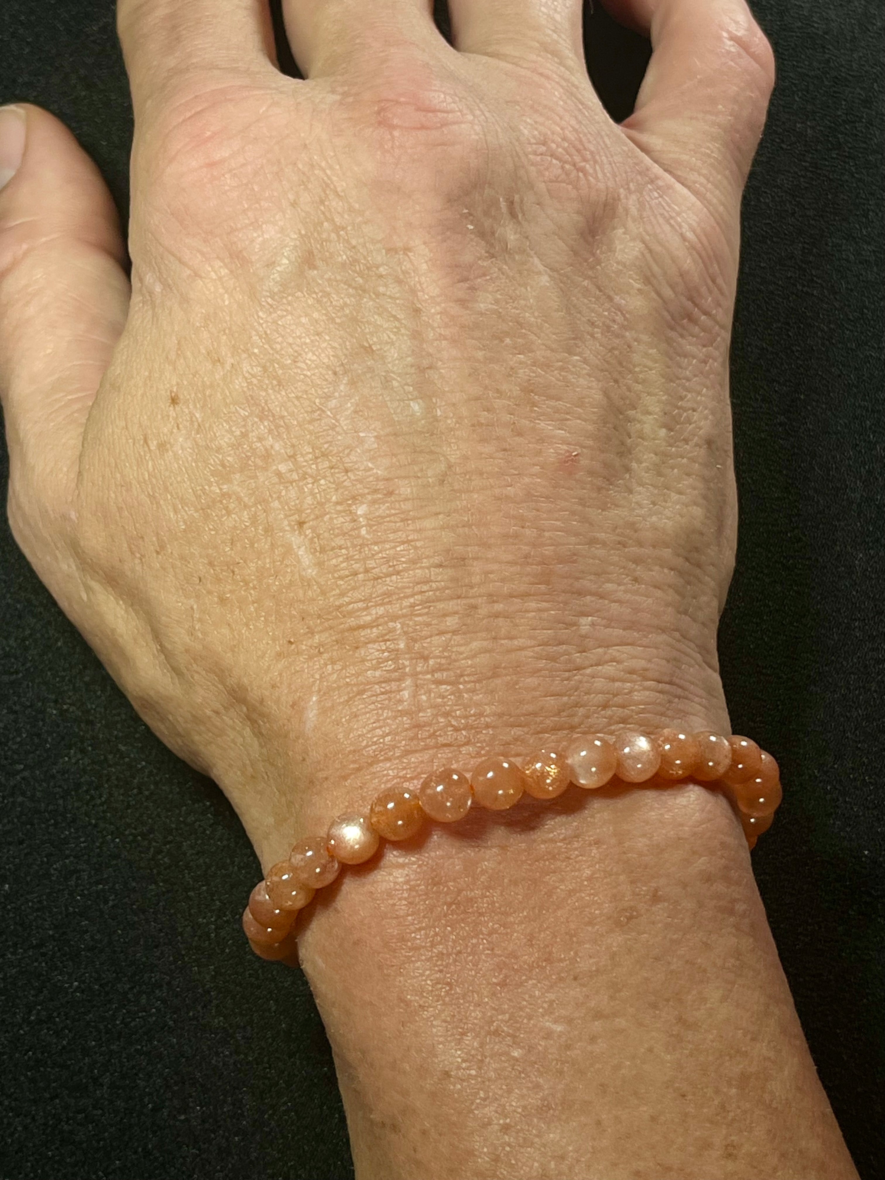 Sunstone smooth round 6mm bead w/ Moonstone adularescence flash stretch bracelet (AAA grade)