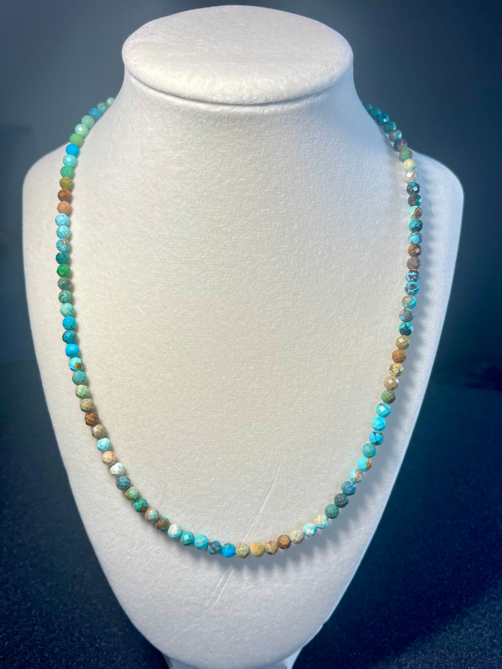 Turquoise gradient color style faceted round 5mm bead silver clasp necklace; December birthstone