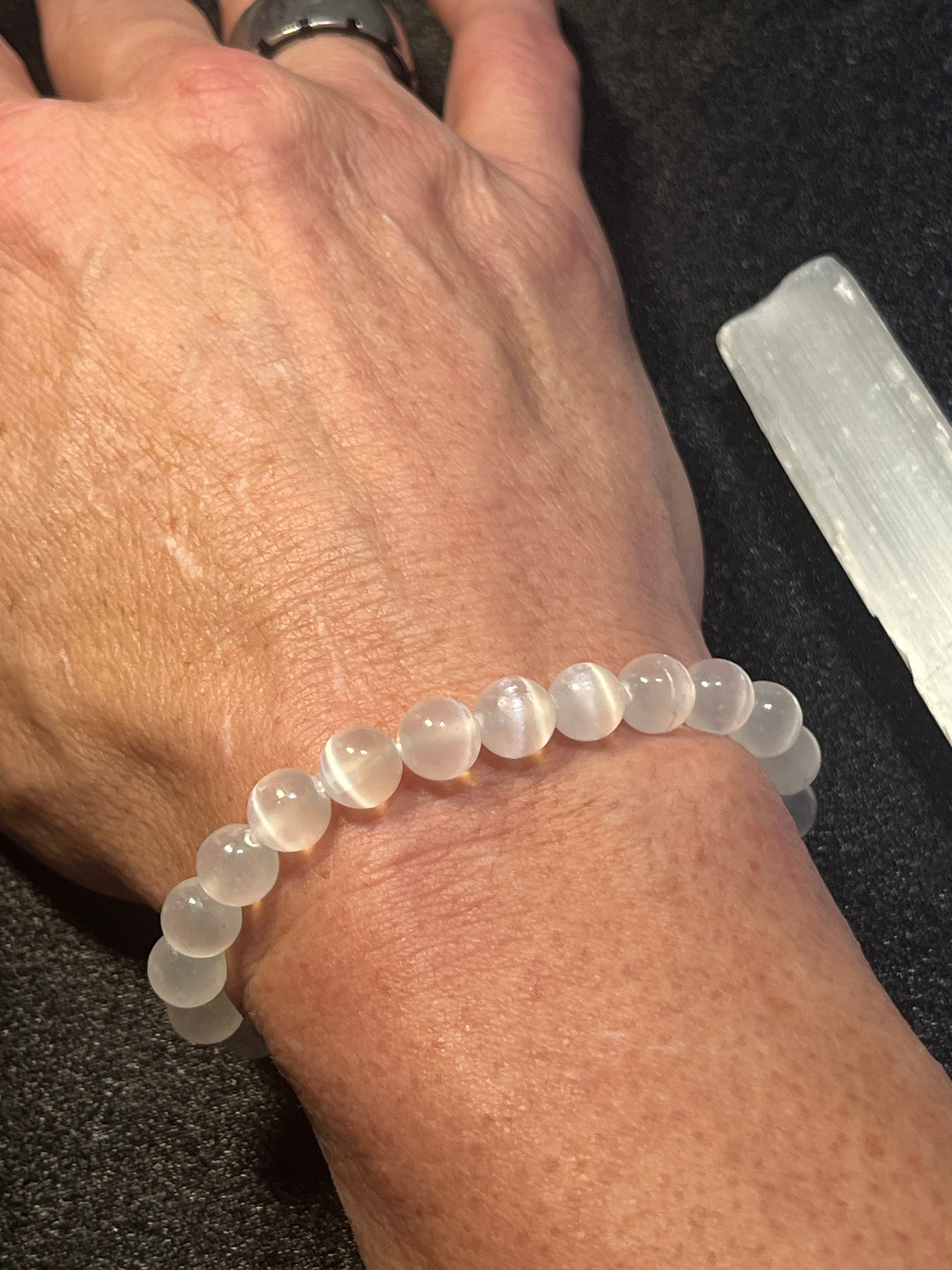 Selenite smooth round 8mm bead stretch bracelet (premium grade)