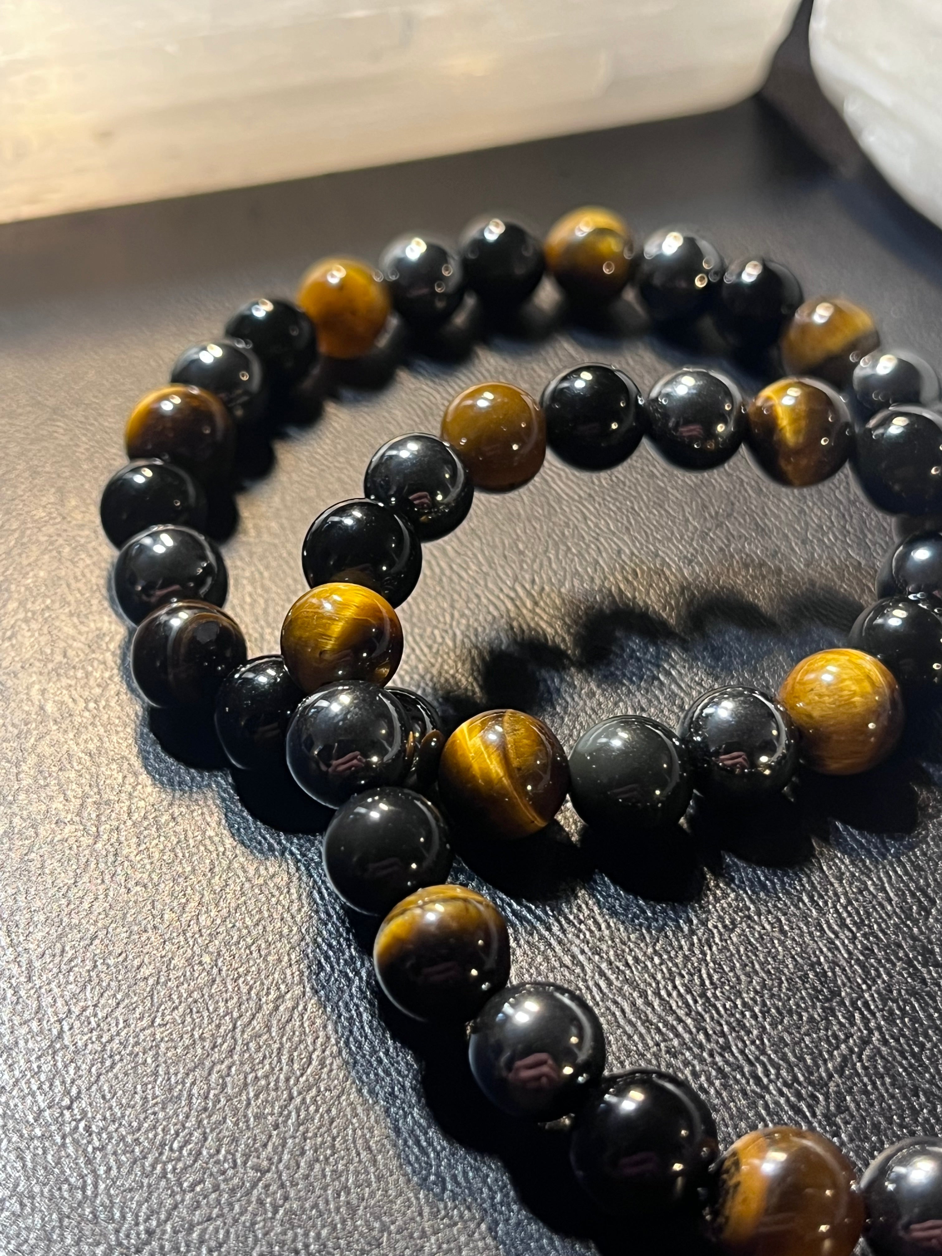 Tiger’s Eye-Hematite-Black Obsidian smooth round 8mm bead stretch bracelet.