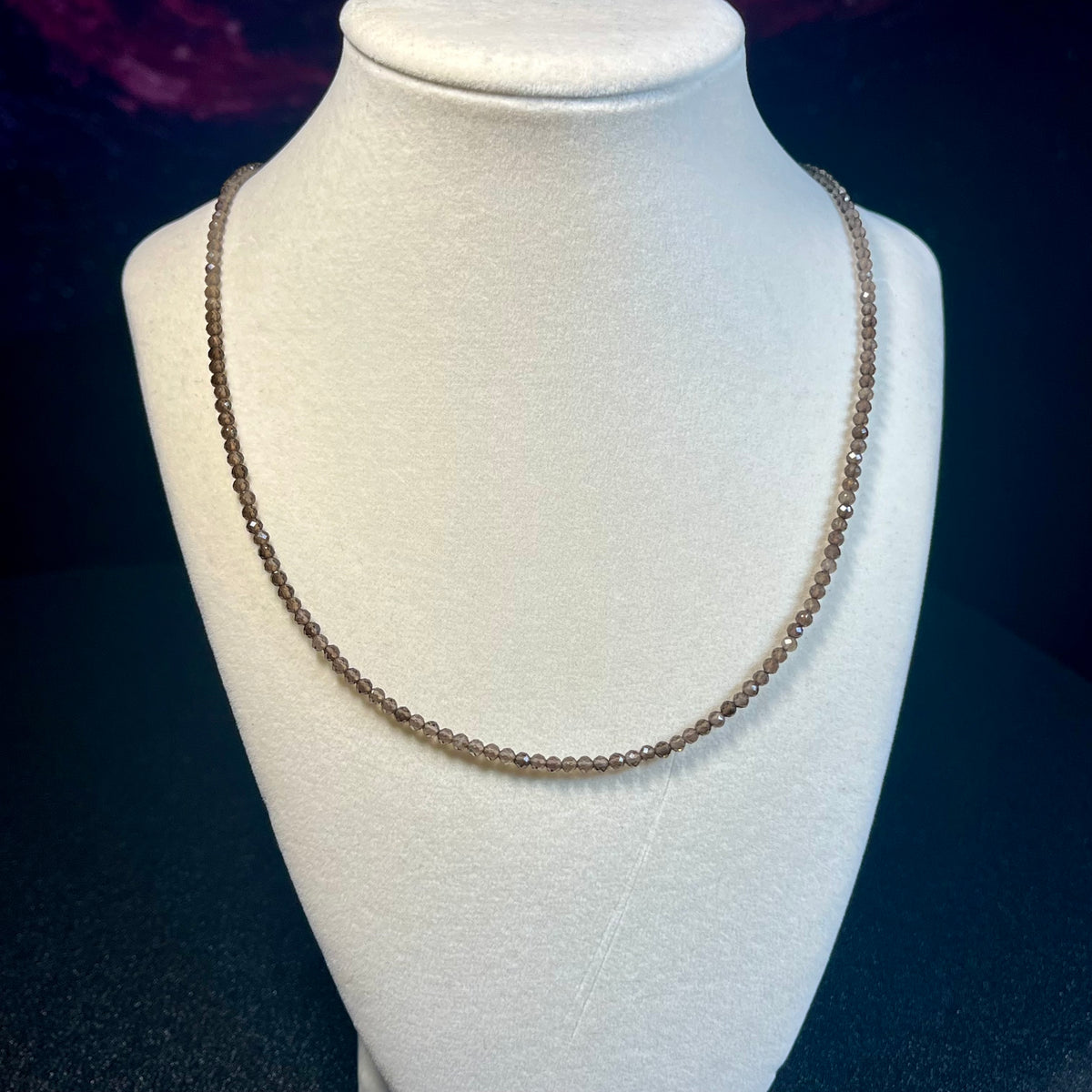 Smoky Quartz microfaceted round 3mm bead 22” adjustable necklace w/ silver clasp & extension chain premium grade)