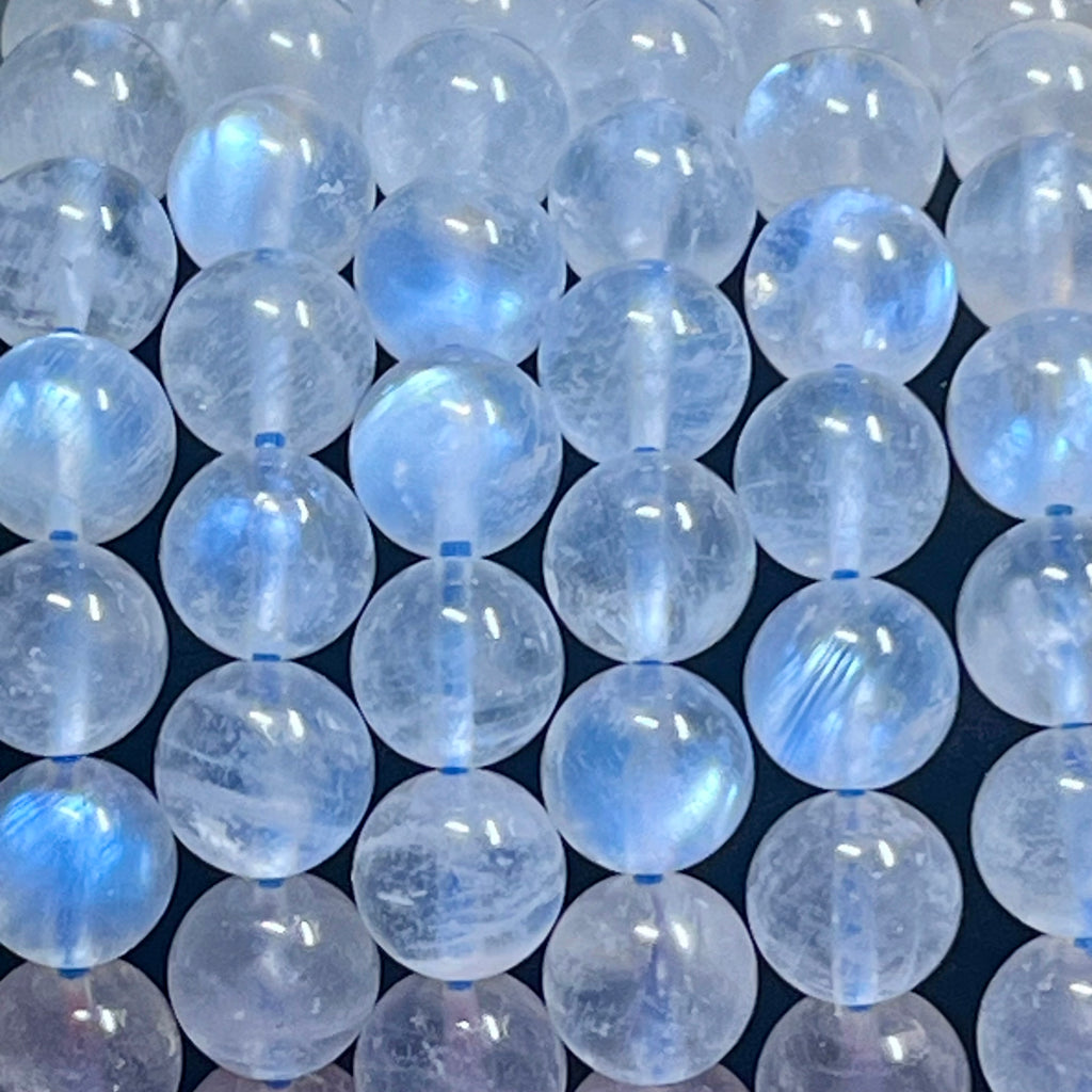 Blue Moonstone smooth round 8mm high-clarity blue flash bead stretch bracelet; June birthstone