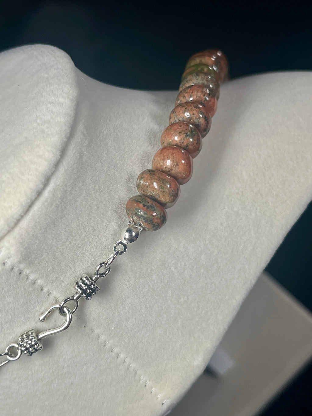 Unakite 5x6-6-9mm irregular rondelle bead silver clasp necklace