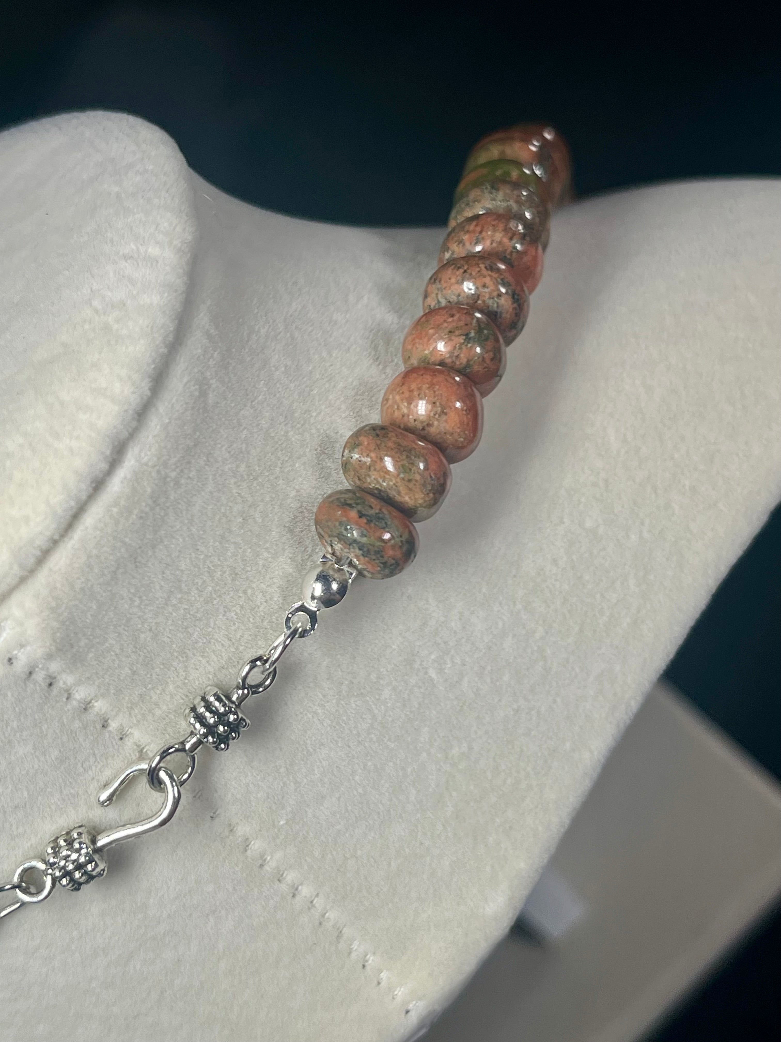 Unakite 5x6-6-9mm irregular rondelle bead silver clasp necklace