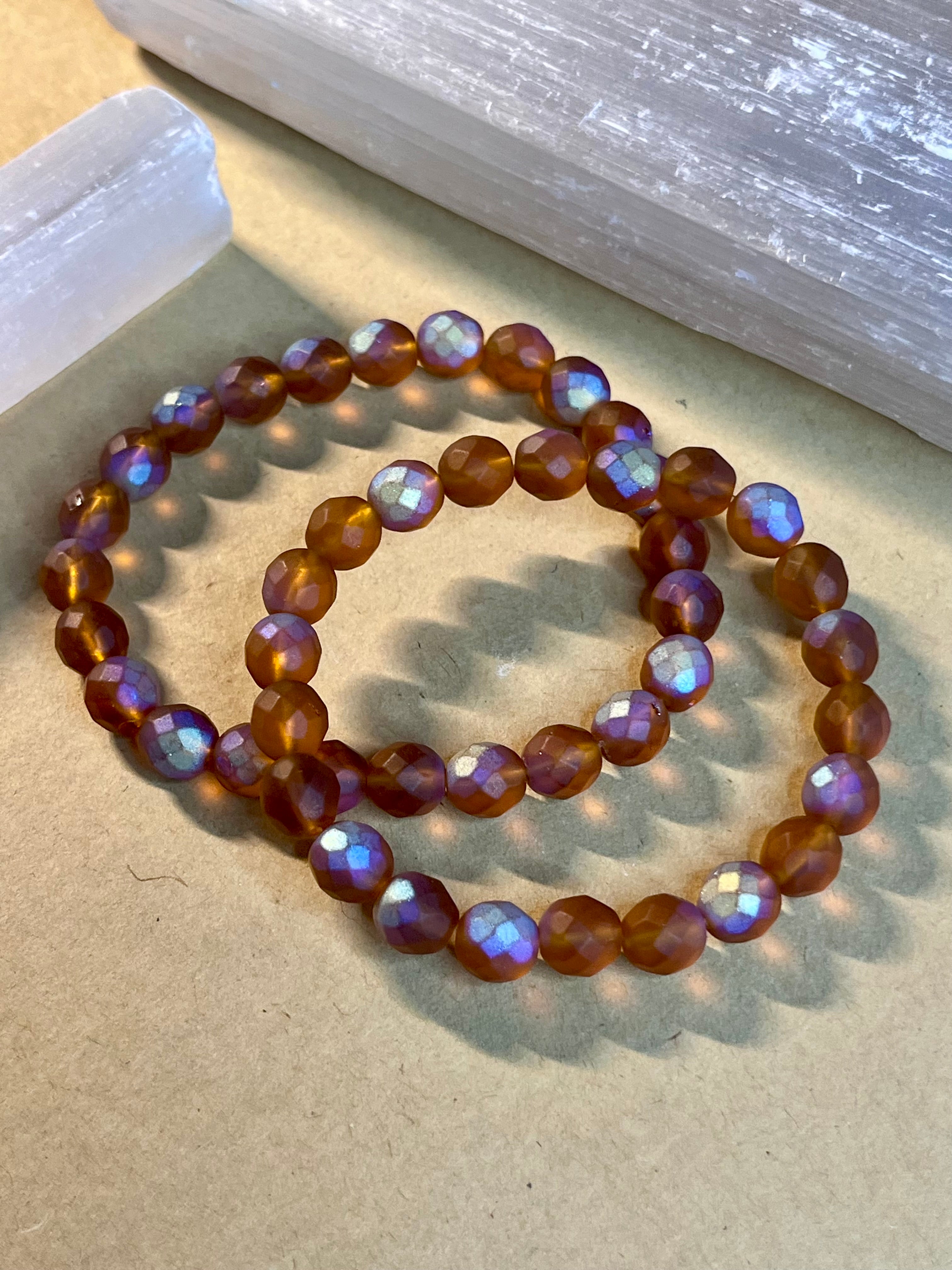 Czech Glass Matte Pumpkin AB Fire Polished faceted round 8mm bead stretch bracelet