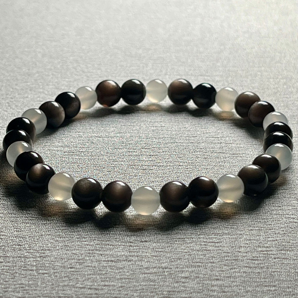 High-quality Silver Sheen Obsidian & White Moonstone smooth round 6mm bead stretch bracelet