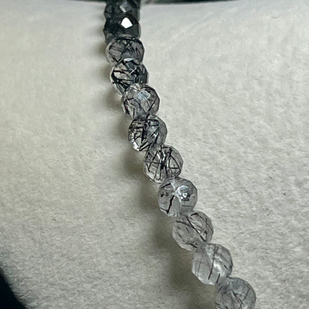 Black Tourmalated Quartz gradient color microfaceted round 4.5mm bead 22” adjustable necklace w/ silver clasp & chain