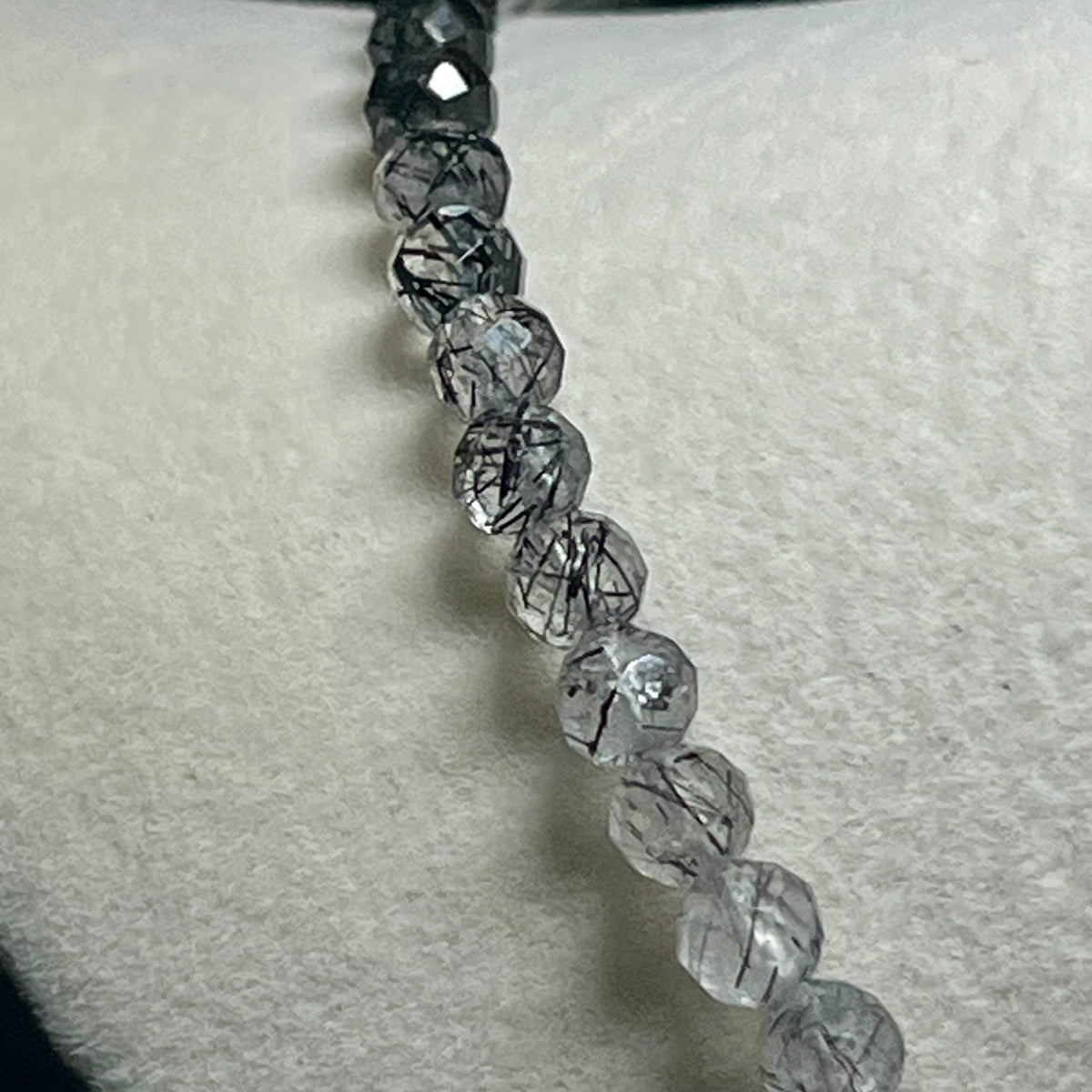 Black Tourmalated Quartz gradient color microfaceted round 4.5mm bead 22” adjustable necklace w/ silver clasp & chain