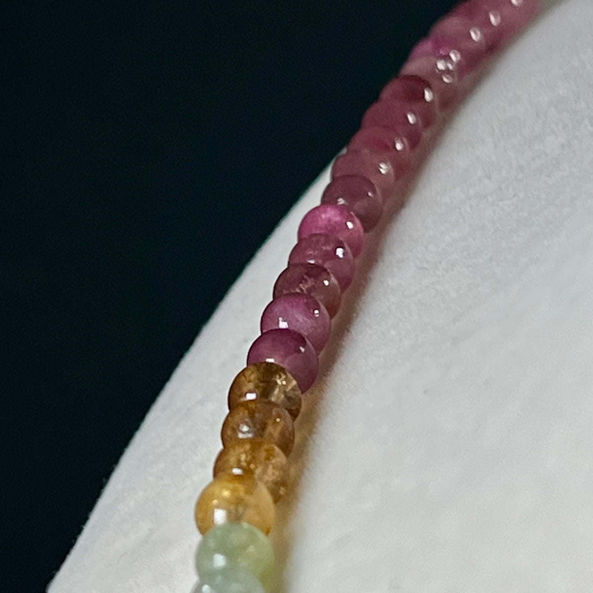 Multi Tourmaline ombre-style smooth round 4mm bead 23” necklace w/ 18k gold clasp & adjustable extension chain (premium grade); October birthstone