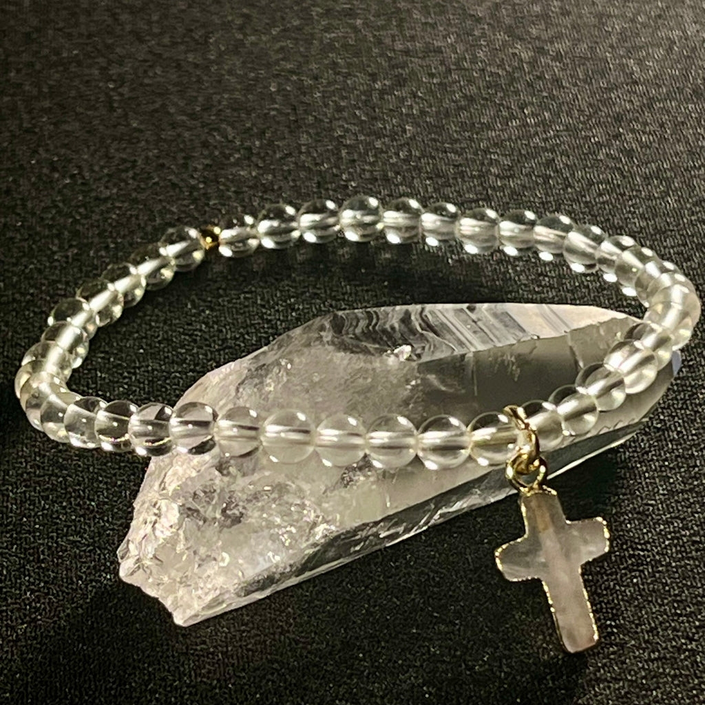 Clear Quartz smooth round 4mm single stretch bracelet w/ Clear Quartz cross charm gold finish & 24k gold spacer