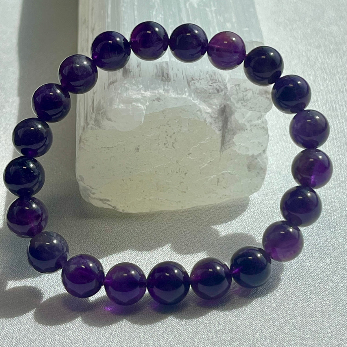 Amethyst (dark) smooth round 6mm, 8mm bead stretch bracelet; February birthstone
