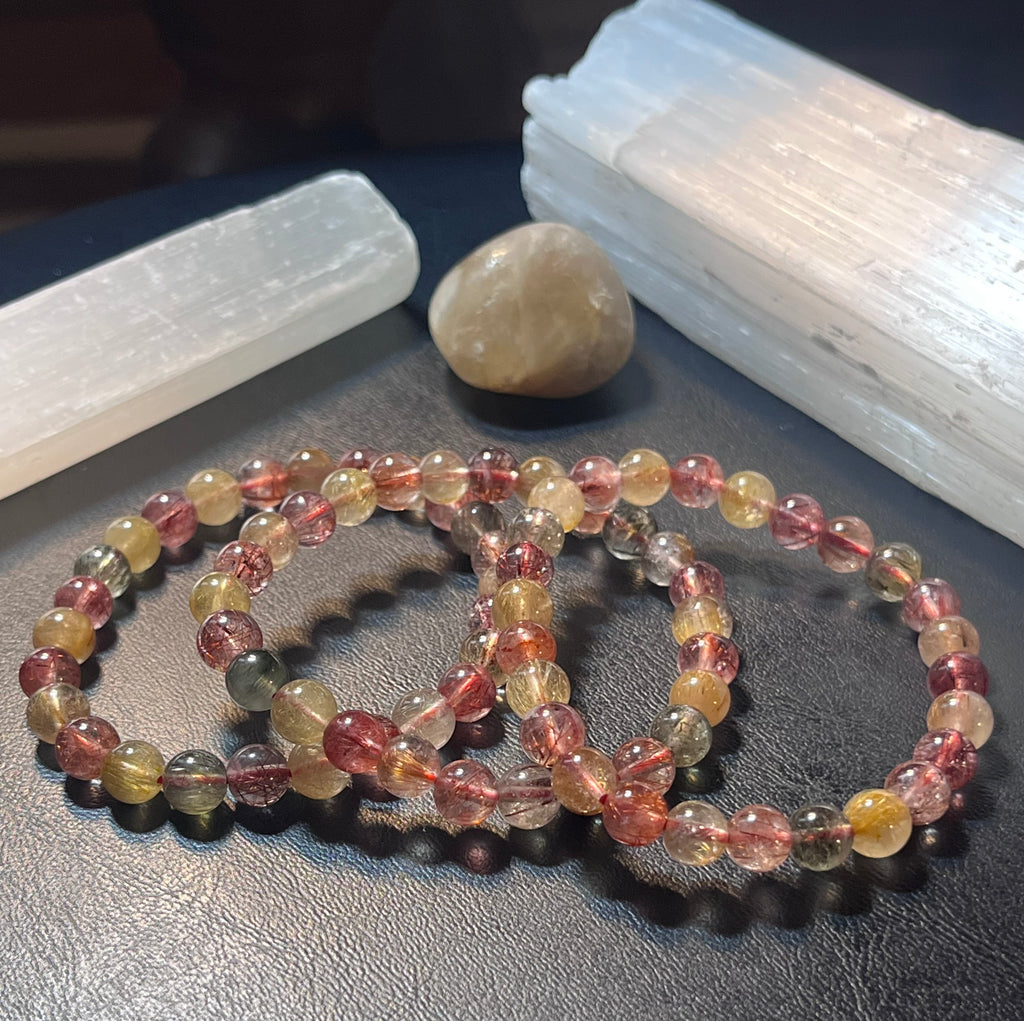 Strawberry, Golden, & Green Rutilated Quartz smooth round 7mm bead stretch bracelet