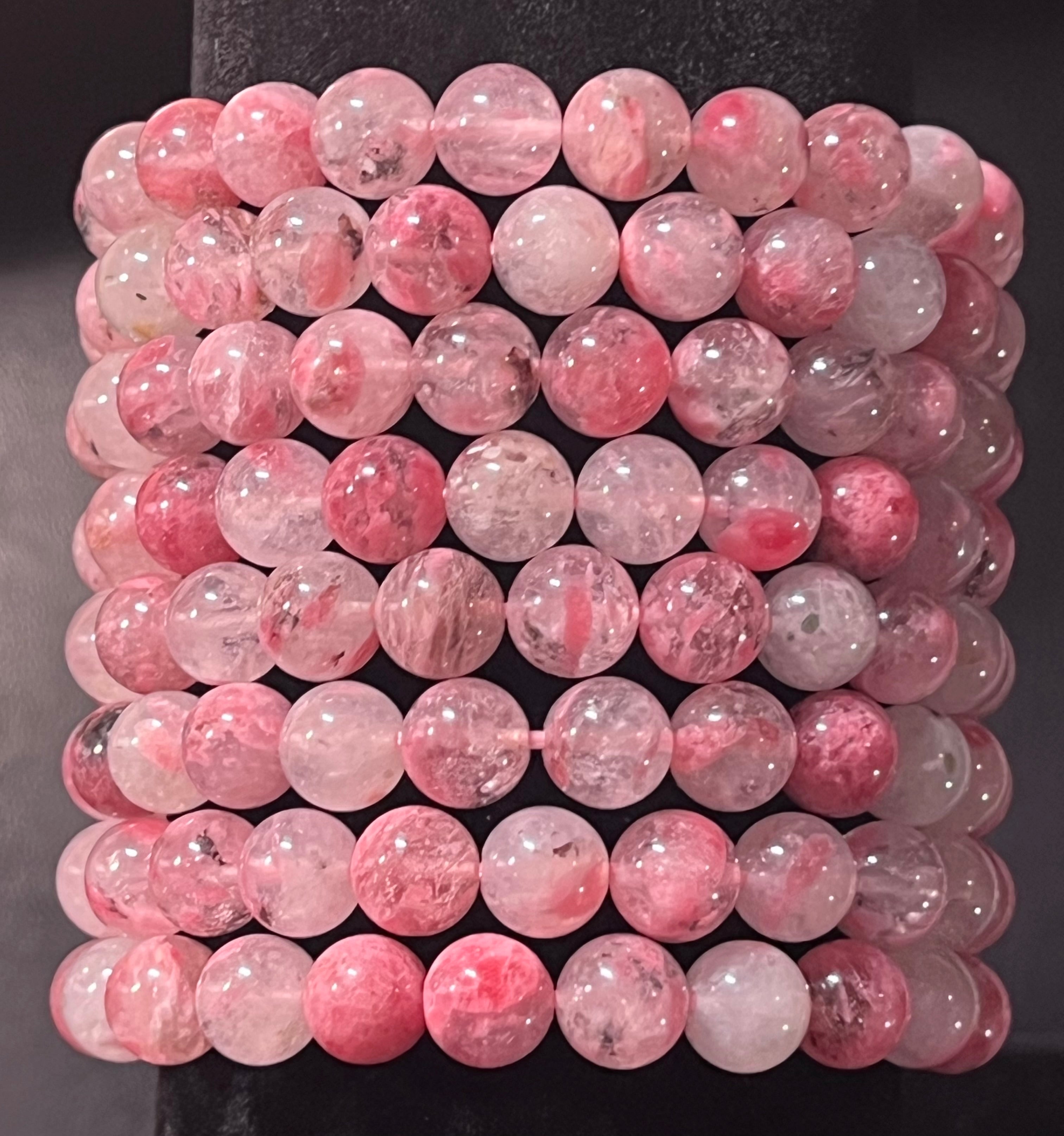 Flower Rhodonite smooth round 8mm bead stretch bracelet (premium)