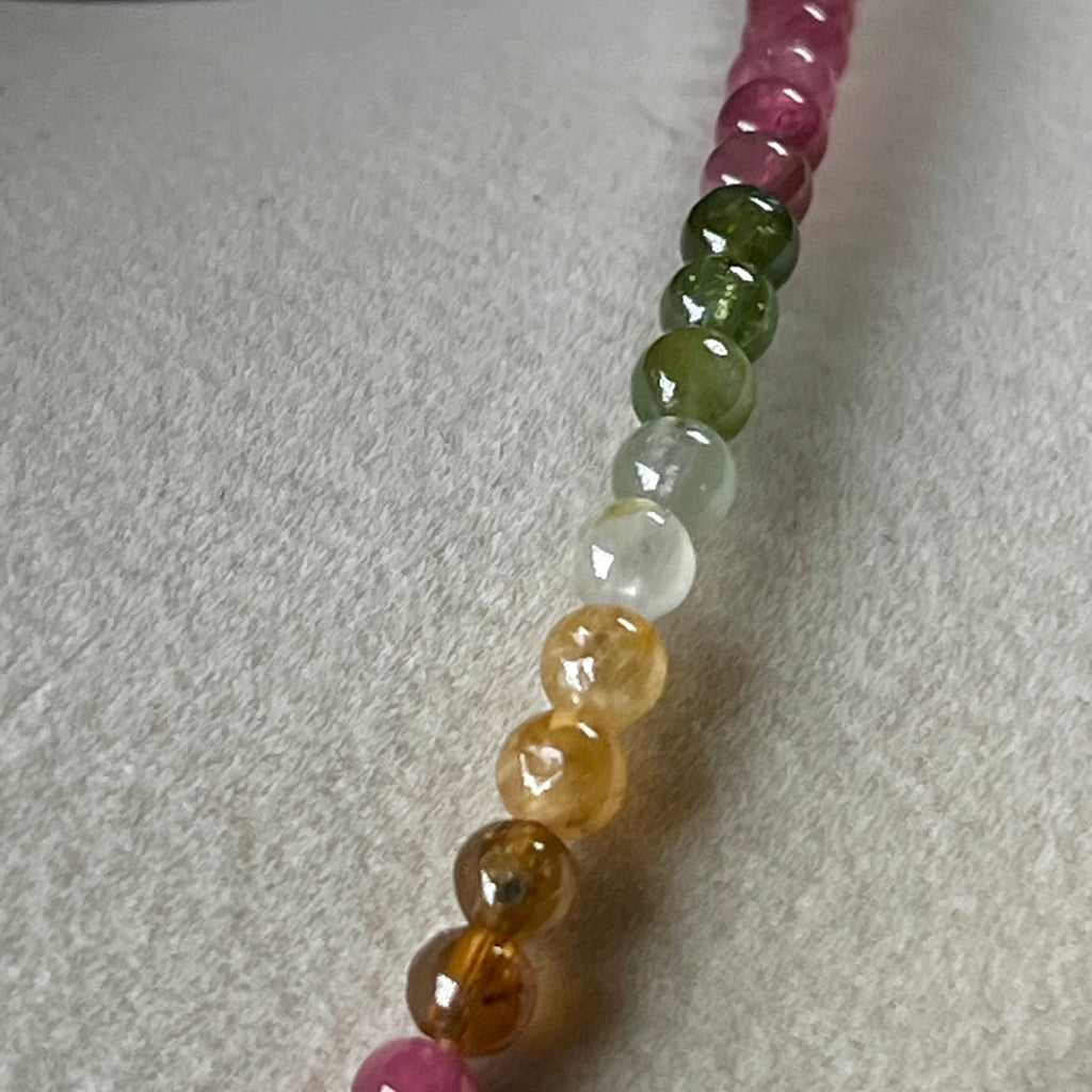Multi Tourmaline ombre-style smooth round 4mm bead 23” necklace w/ 18k gold clasp & adjustable extension chain (premium grade); October birthstone