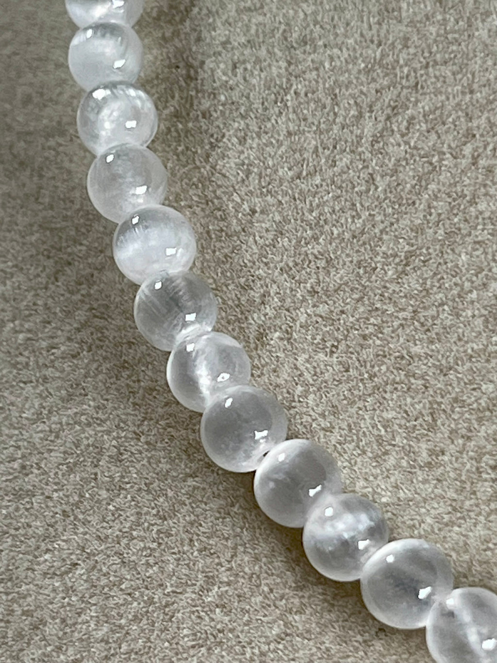 Selenite smooth round 4mm bead silver clasp & extension chain 22” adjustable necklace