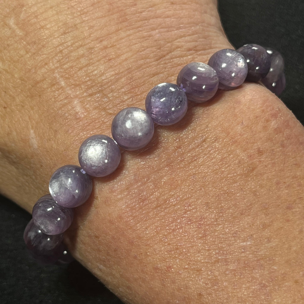 Lilac Lepidolite smooth round 9mm bead stretch bracelet