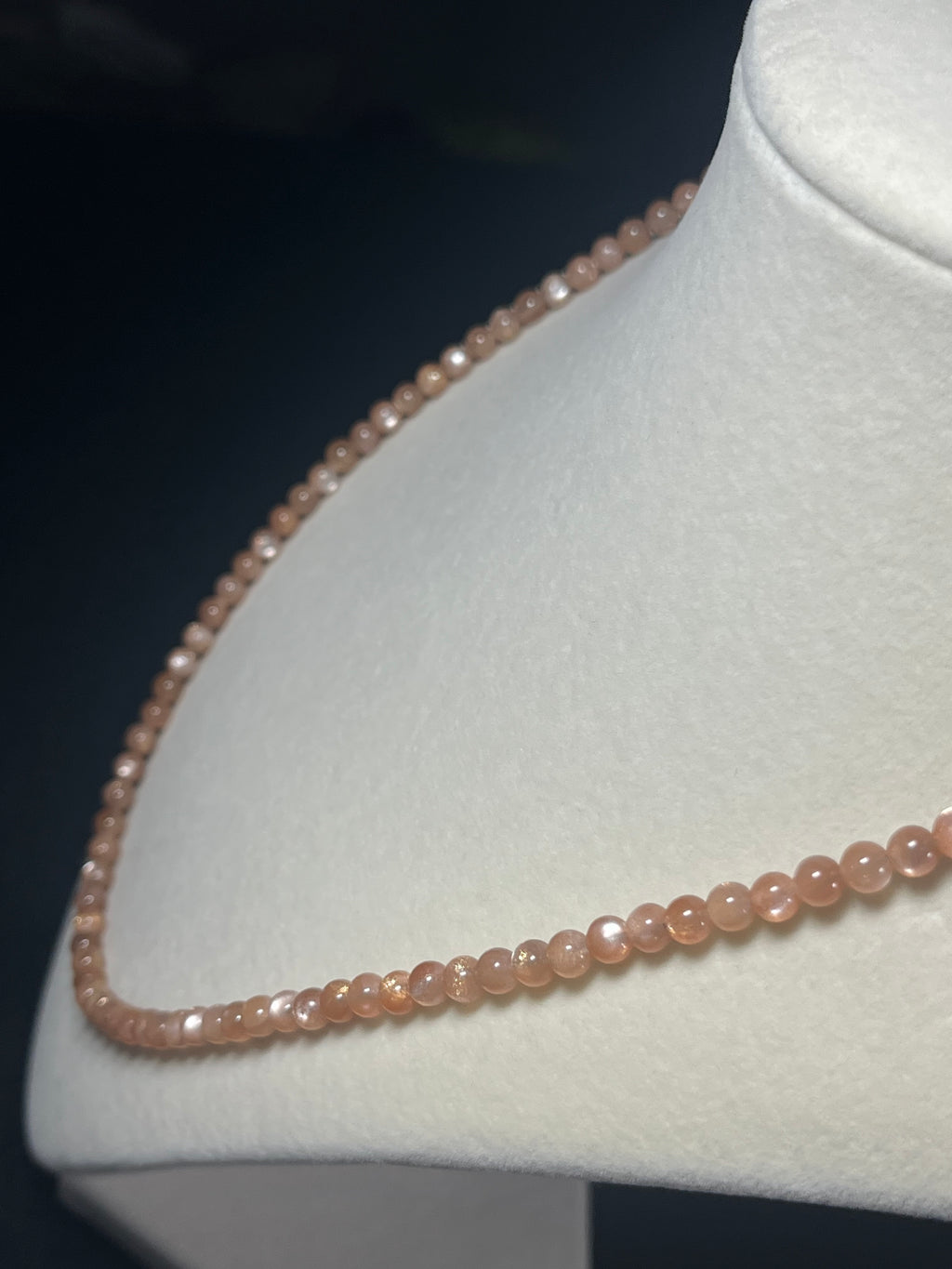 Sunstone w/ strong Moonstone-like adularescence smooth round 4mm bead silver clasp necklace (premium grade)