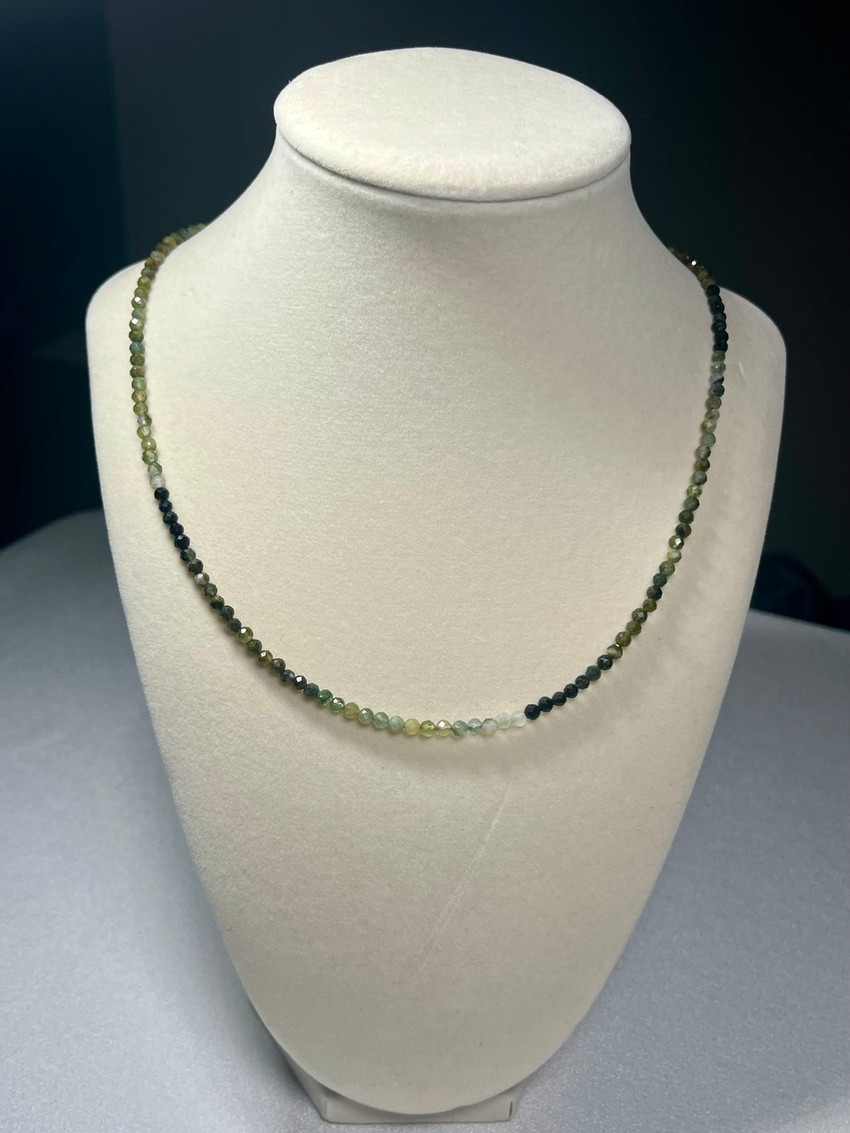 Green Tourmaline ombre-style microfaceted 3mm bead silver clasp adjustable necklace; October birthstone (Tourmaline)