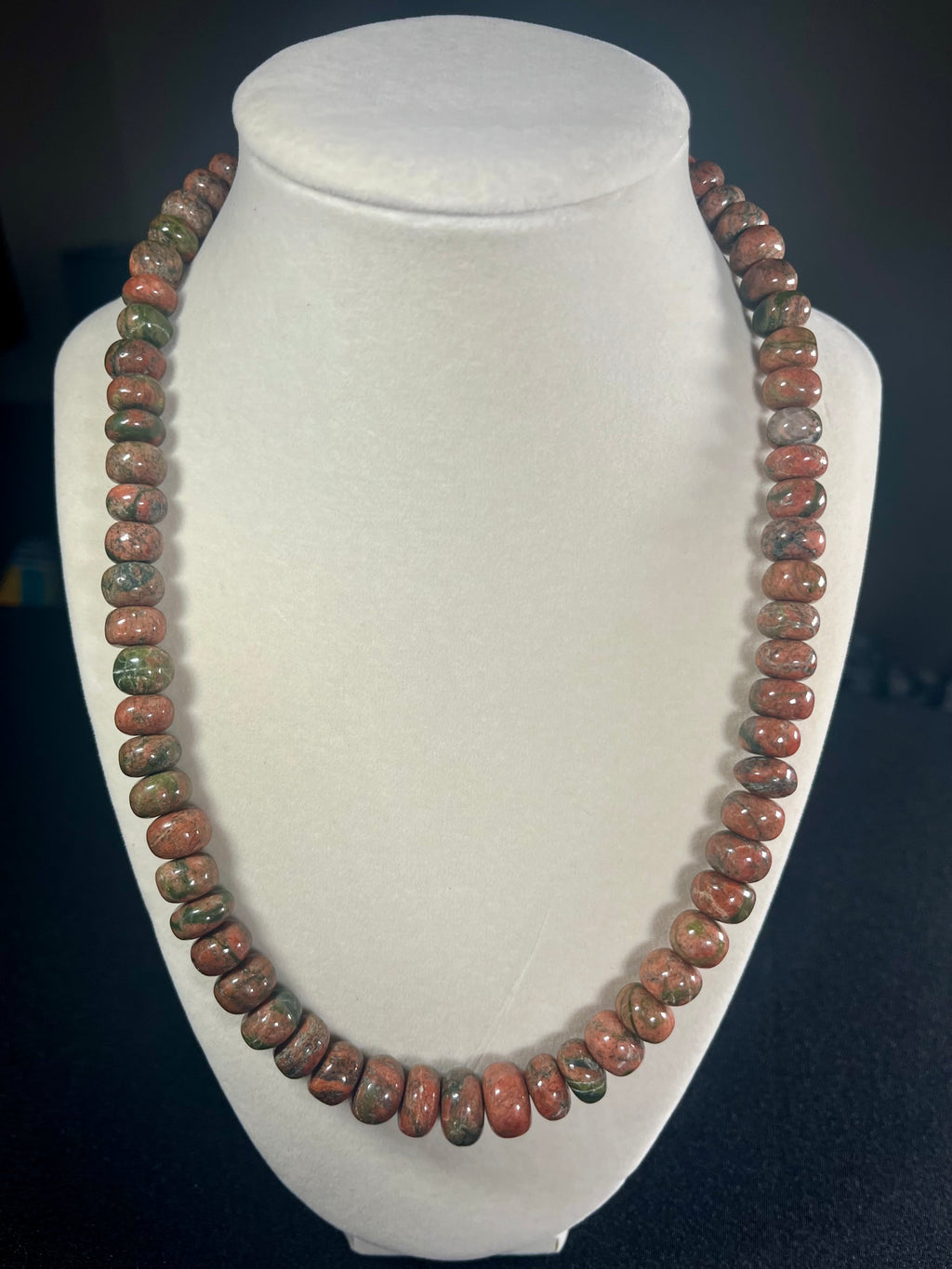 Unakite 5x6-6-9mm irregular rondelle bead silver clasp necklace