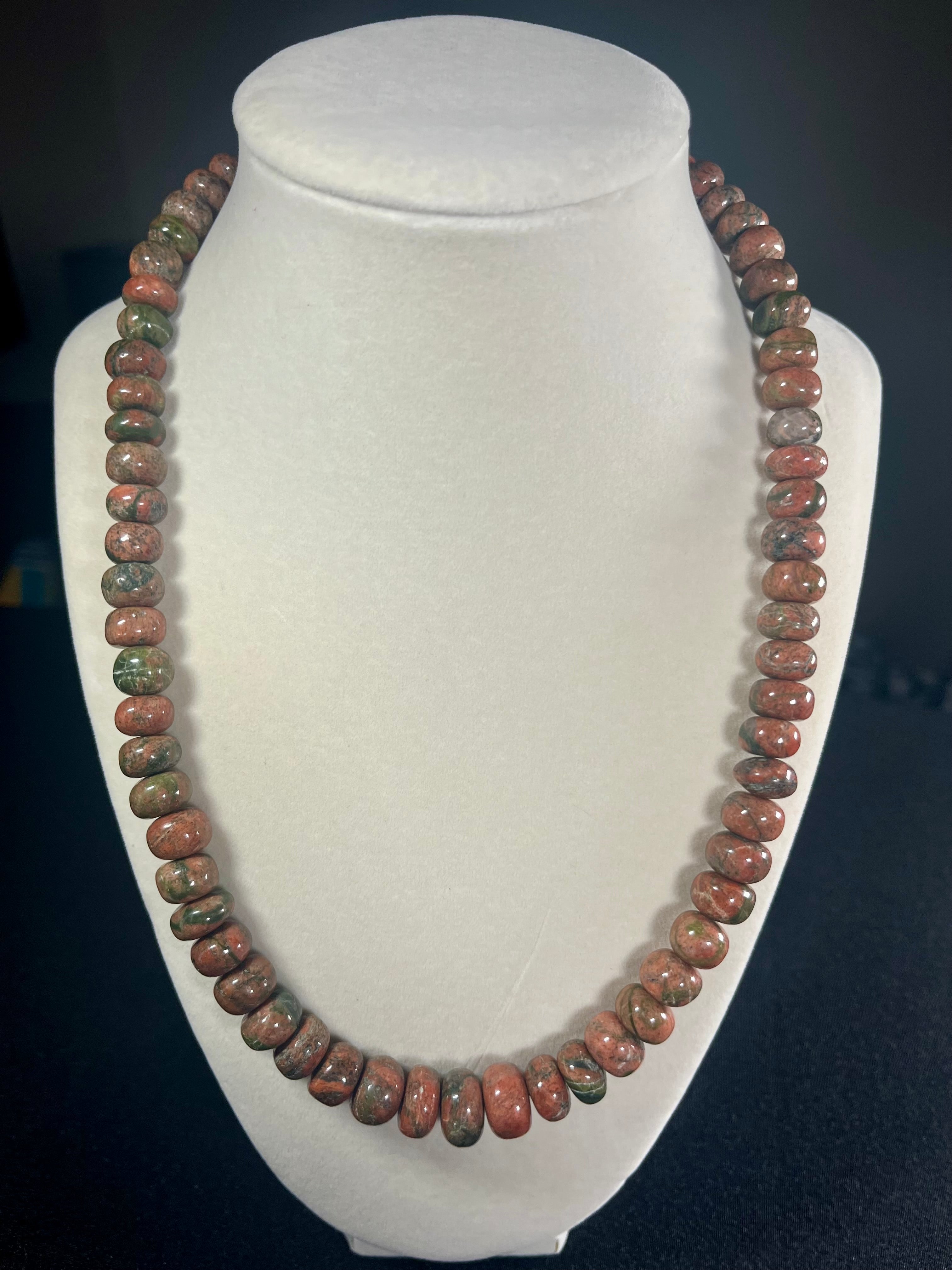 Unakite 5x6-6-9mm irregular rondelle bead silver clasp necklace