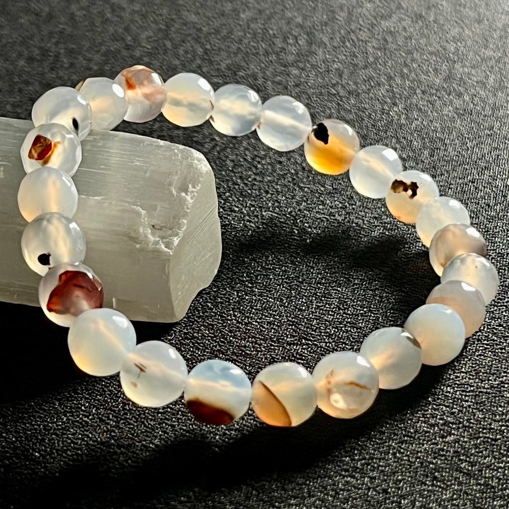 RARE Flower Agate 128 faceted round 8mm bead stretch bracelet (AAA grade)