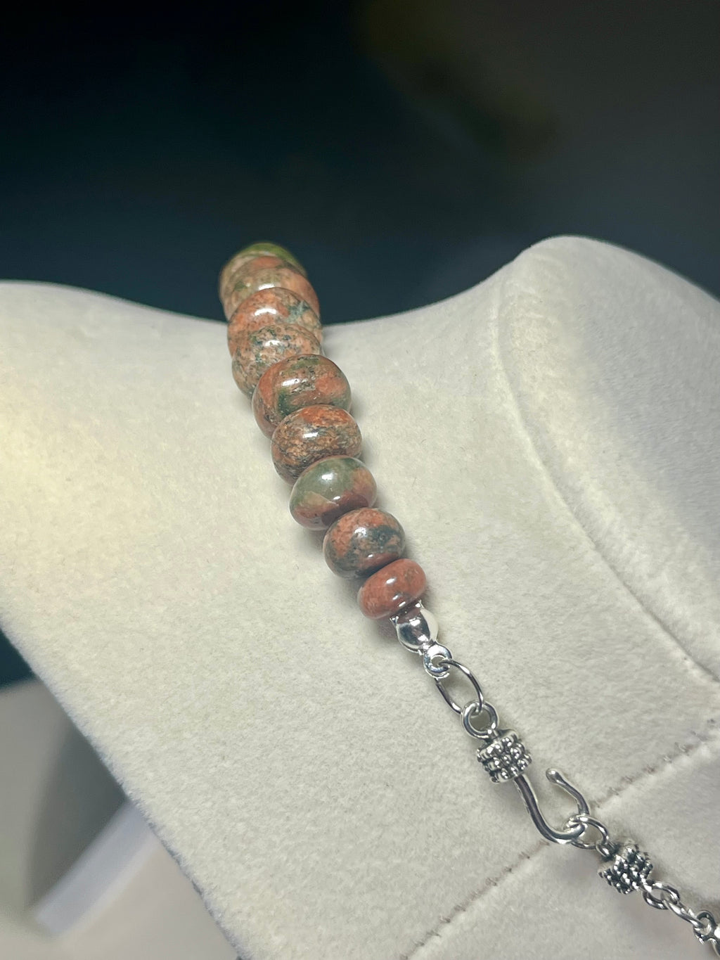 Unakite 5x6-6-9mm irregular rondelle bead silver clasp necklace