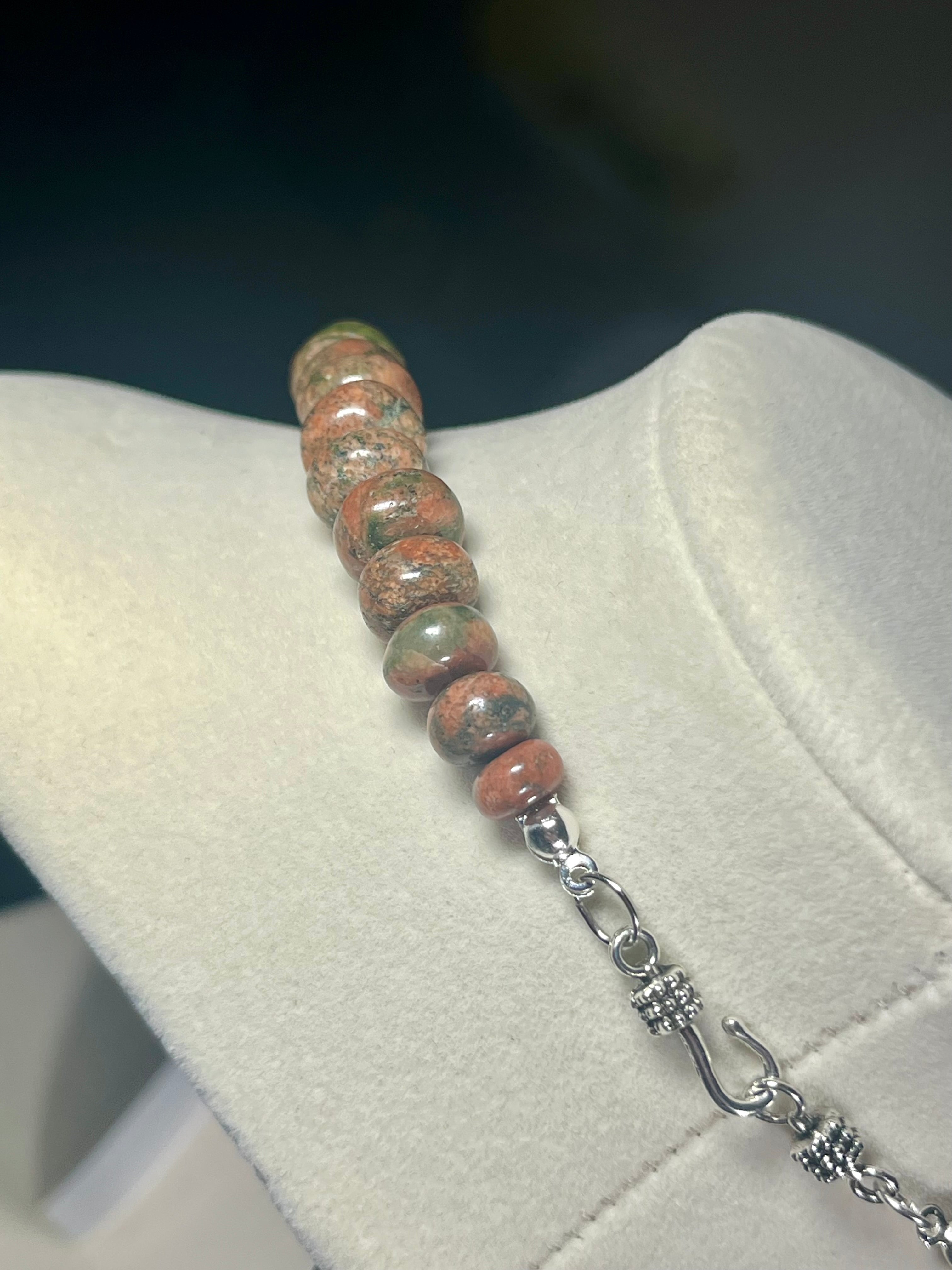 Unakite 5x6-6-9mm irregular rondelle bead silver clasp necklace
