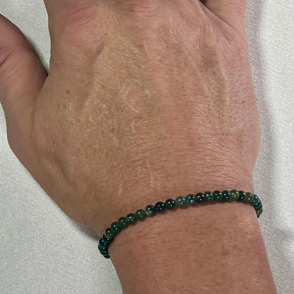 Moss Agate smooth round 4mm, 6.5mm and 8.5mm bead stretch bracelet